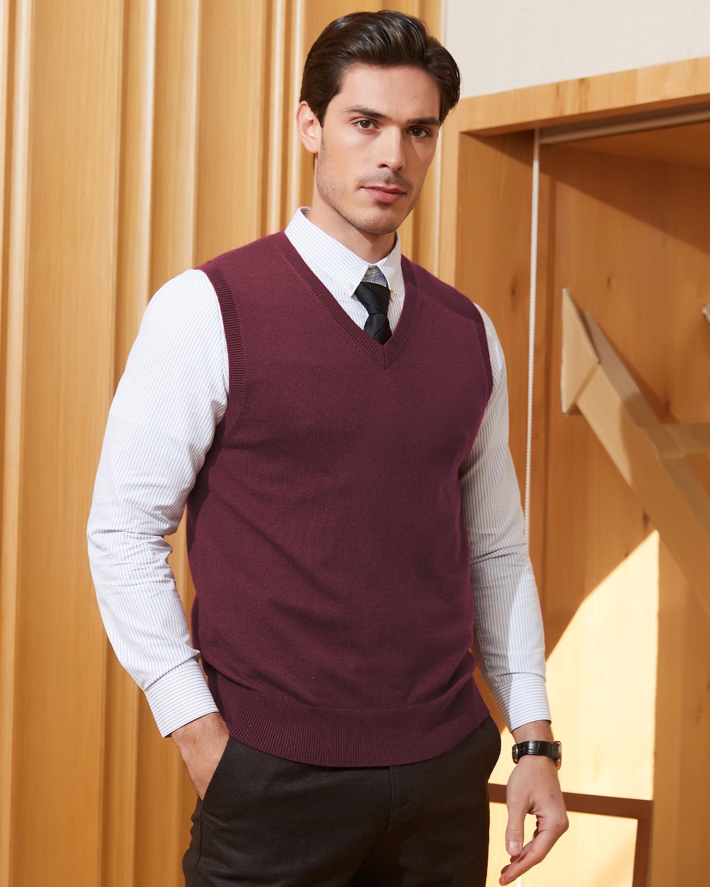 Kallspin Men's Big & Tall Wool Blended Vest Sweater Relaxed Fit V Neck Sleeveless Knitted Pullover (Burgundy L-Tall)