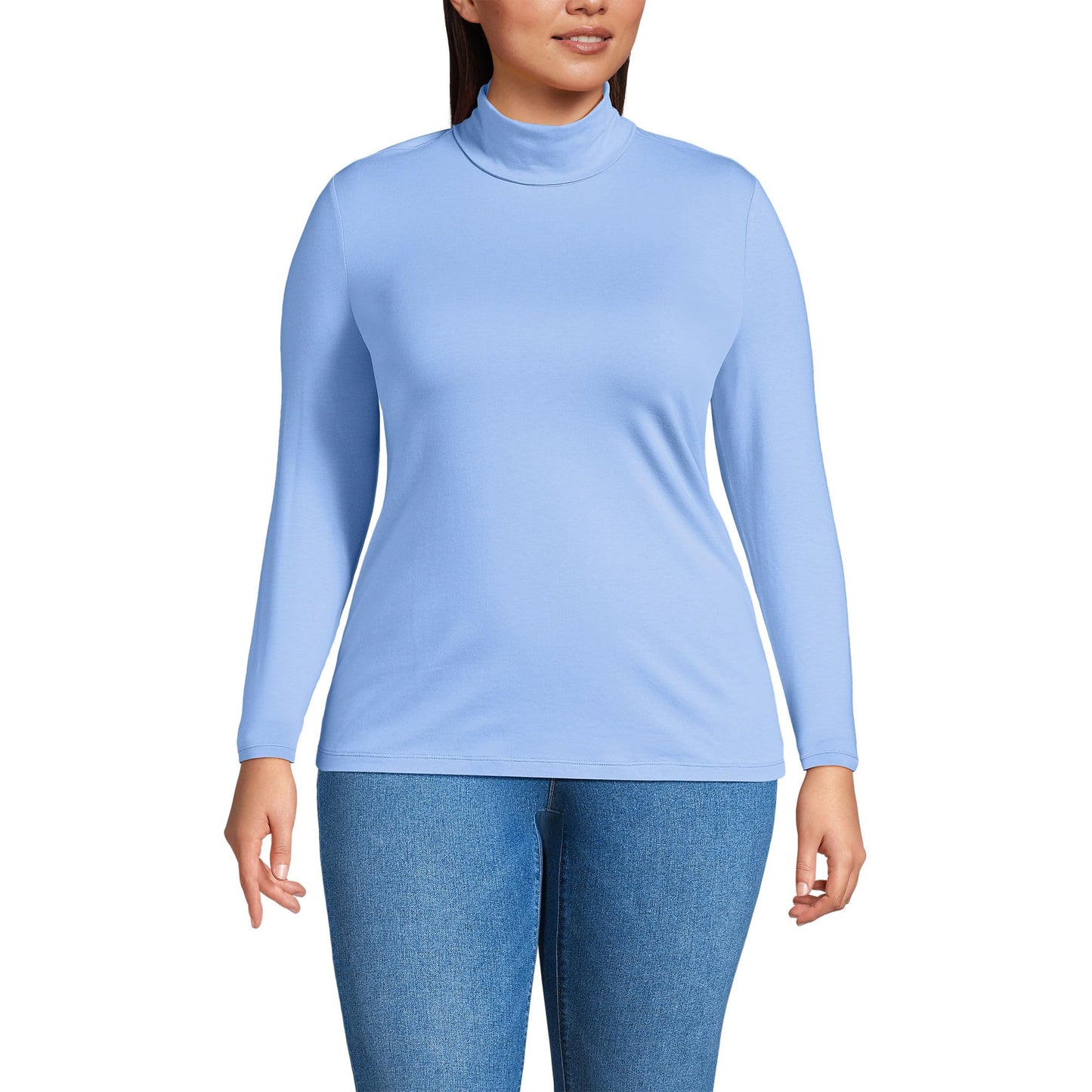 Lands' End Womens Long Sleeve Shaped LWCM Turtleneck Clear Blue Sky Tall Small