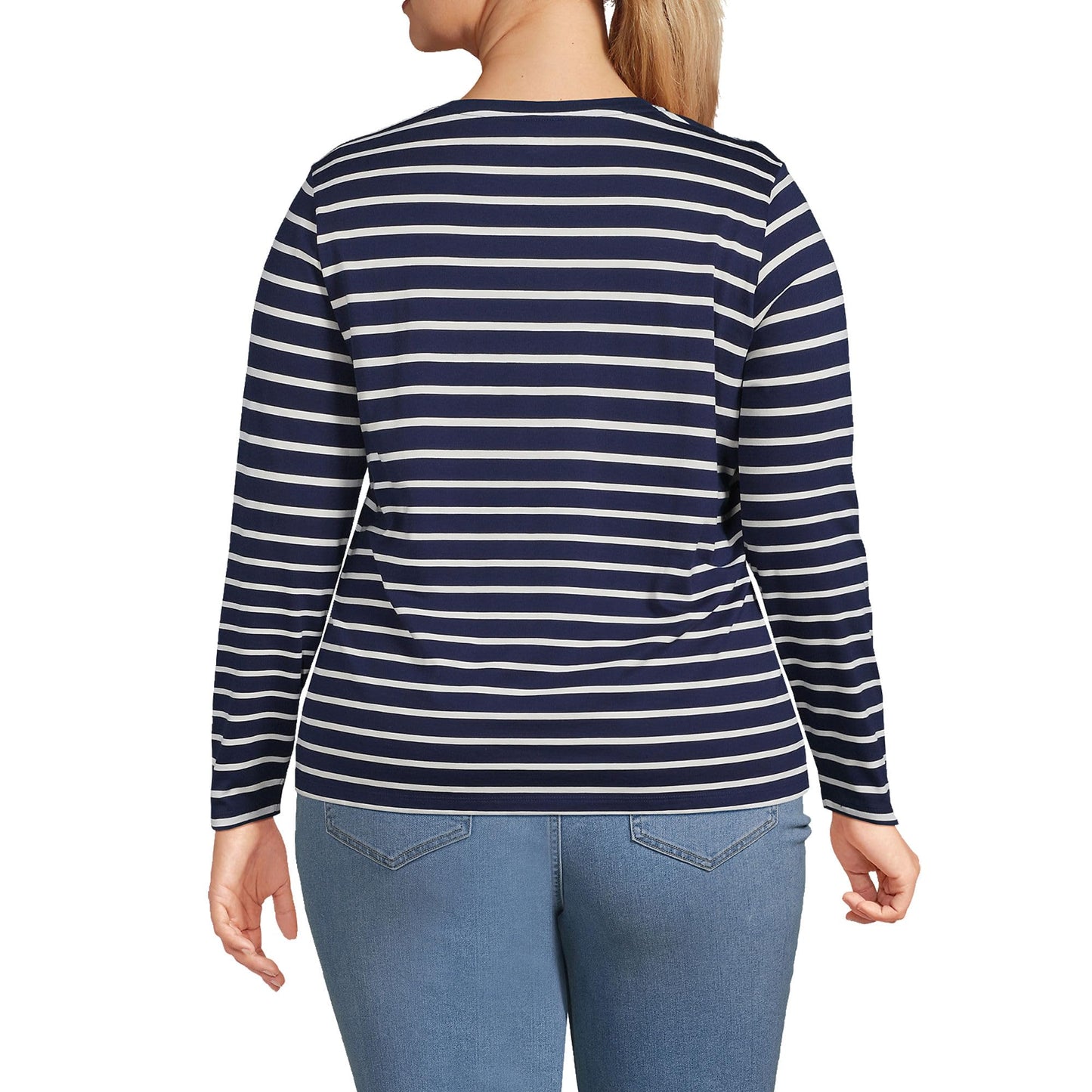 Lands' End Womens Long Sleeve Relaxed Supima Cotton Crew Neck T Shirt Deep Sea Navy Breton Stripe Tall Small