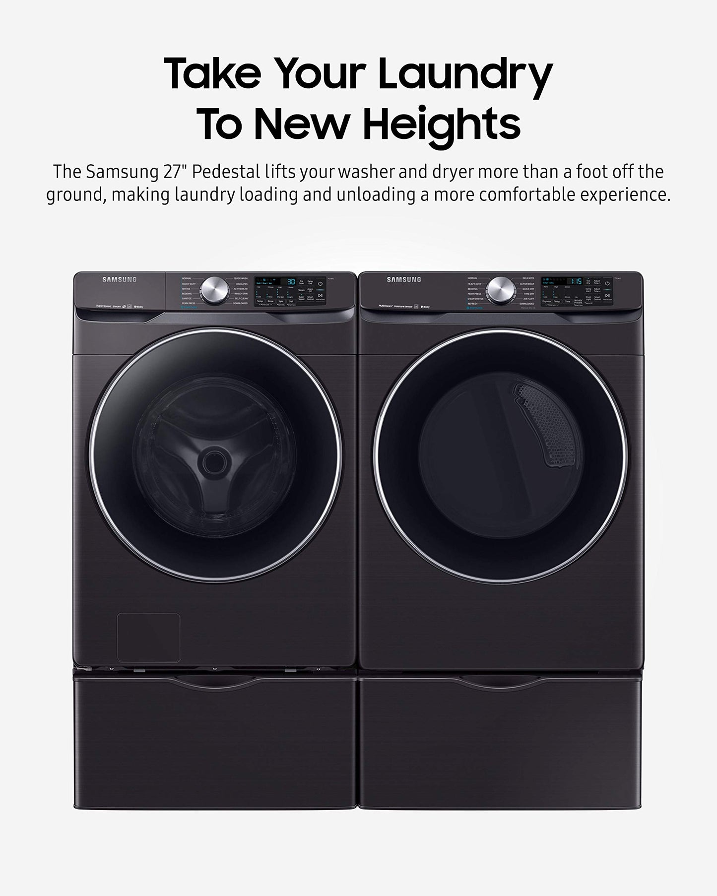 SAMSUNG 27-Inch Washer Dryer Pedestal Stand w/ Pull Out Laundry Storage Drawer, Stainless Steel, WE402NV/A3, Brushed Black