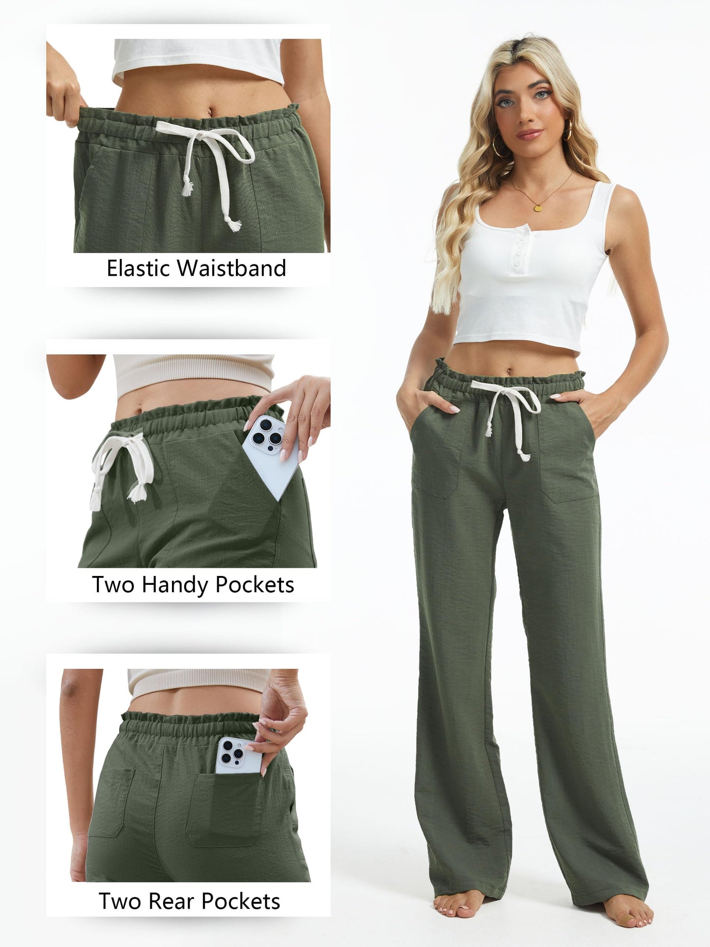 SEVEGO Women's Casual Linen Pants Extra Tall 36" Inseam Flared Leg Smocked Waist Beach Summer Slacks, Green, X-Large
