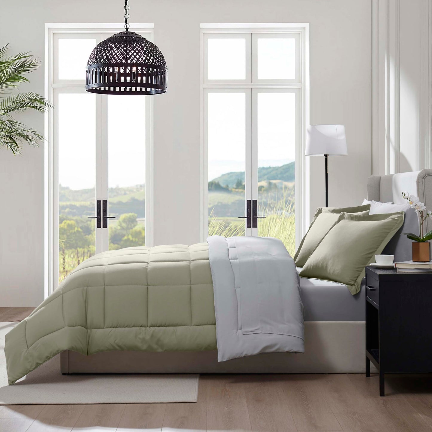 Nestl 7 Piece California King Comforter Set – Light Sage Reversible Bed in a Bag – Complete Cal King Size Bedding Set with Sheets, Pillowcases and Shams