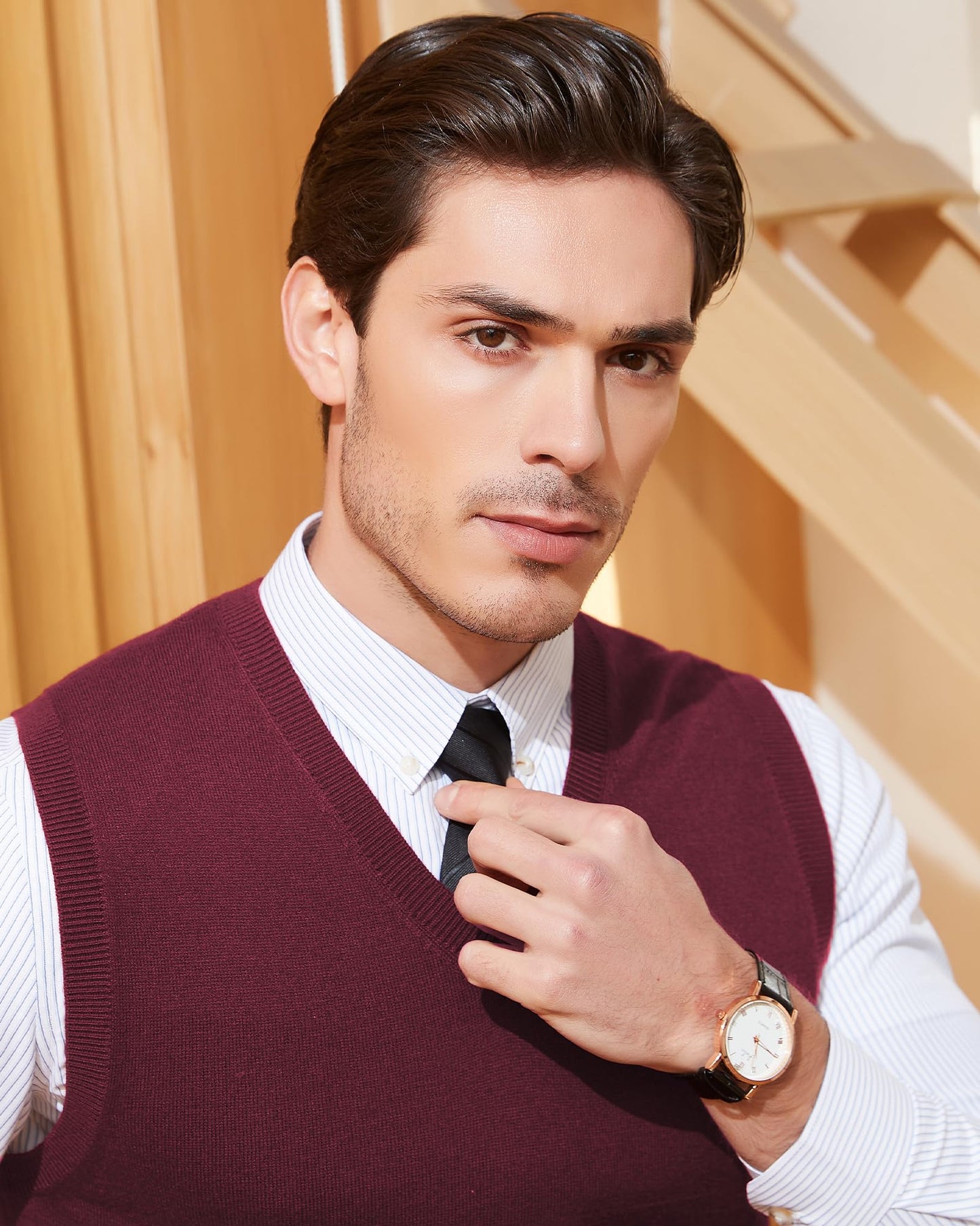 Kallspin Men's Big & Tall Wool Blended Vest Sweater Relaxed Fit V Neck Sleeveless Knitted Pullover (Burgundy 3XL-Tall)