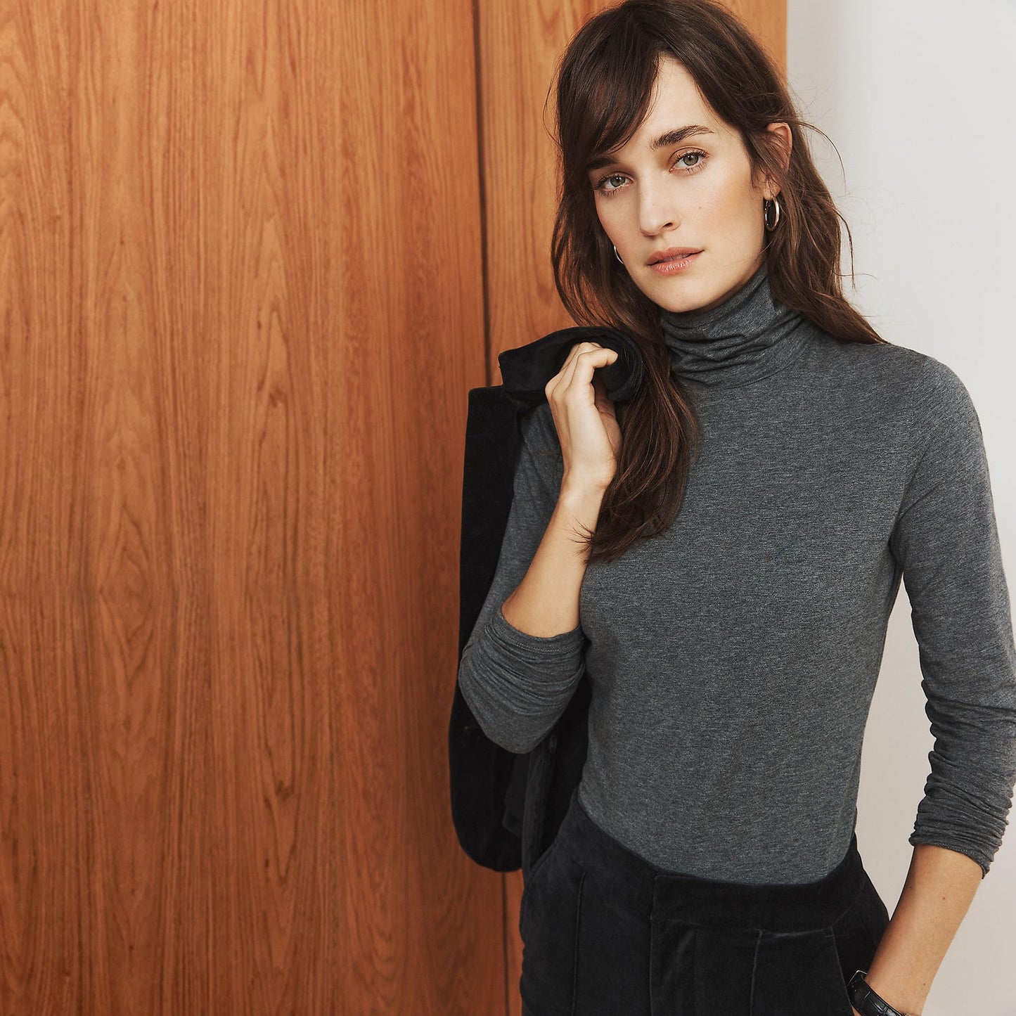 Lands' End Womens Long Sleeve Shaped LWCM Turtleneck Charcoal Heather Tall Medium