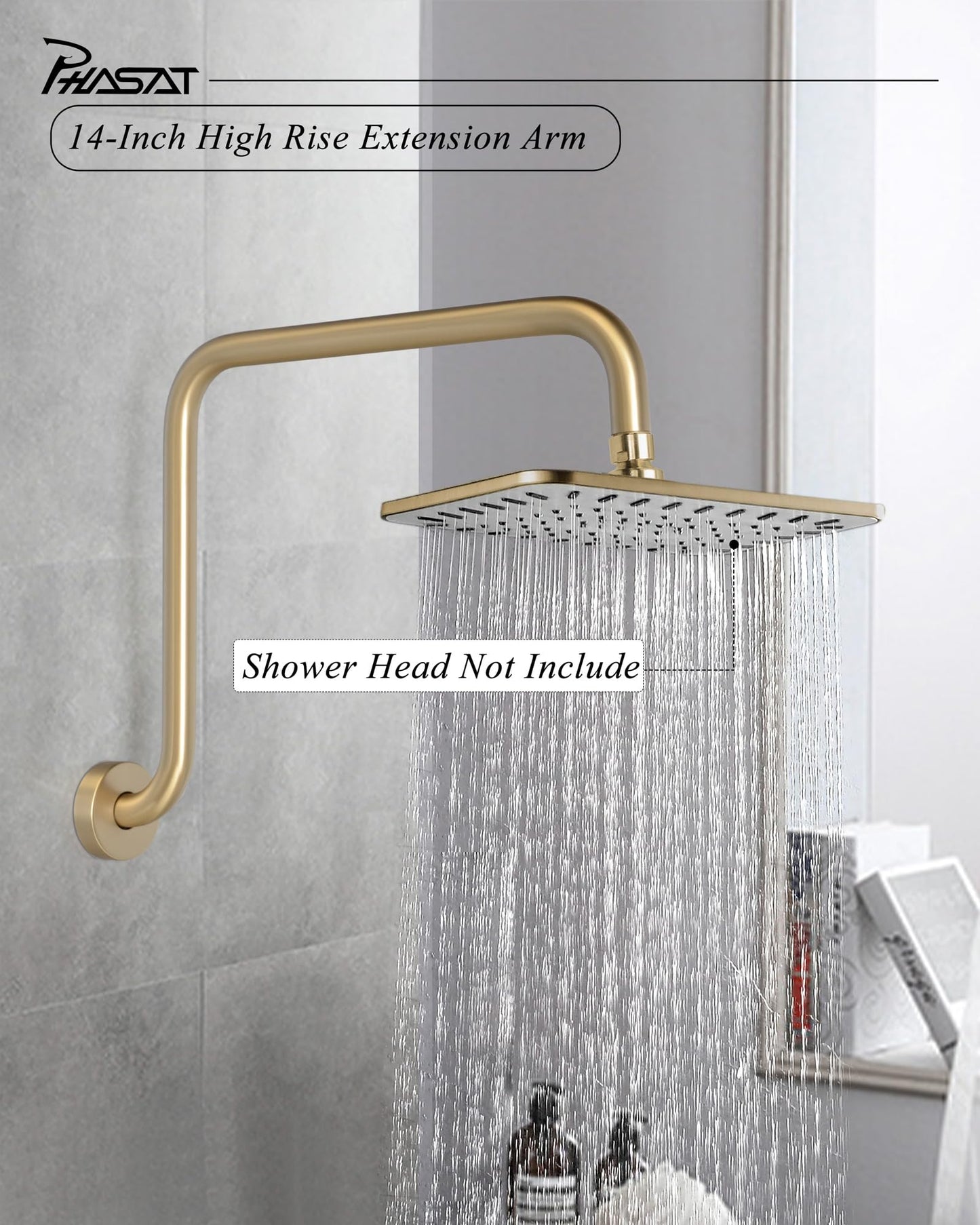 PHASAT S Shaped Shower Arm, High Rise Shower Arm with Flange, Brushed Gold