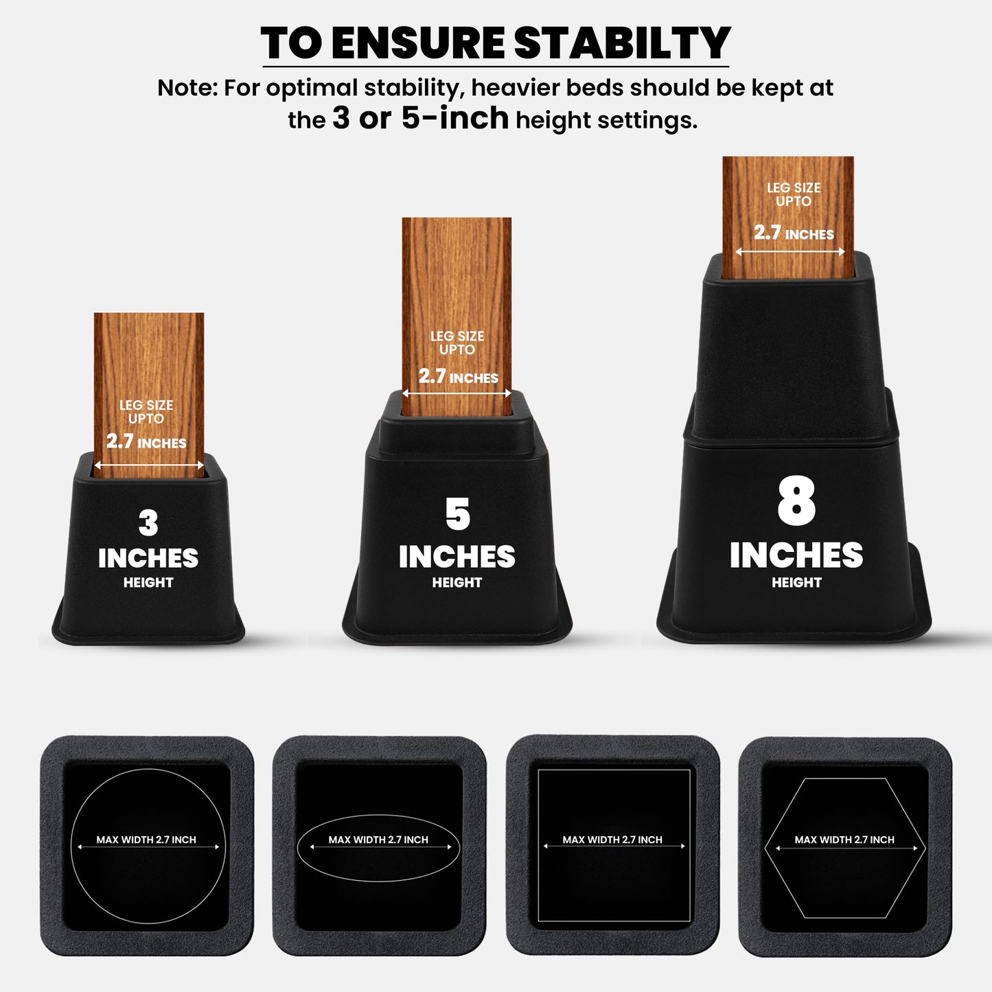 Utopia Bedding - Adjustable Bed Risers 3, 5, 8 Inch – Heavy Duty Furniture Riser Set of 4 for Beds, Couch & Desk – Under Bed Storage & Dorm Room Essential – Supports Up to 1,300 lbs – Black