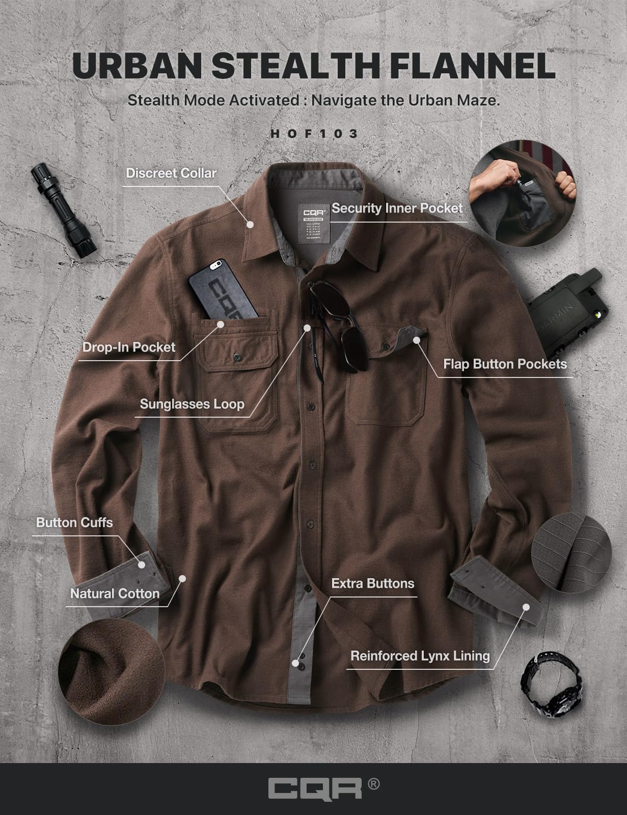 CQR Men's Flannel Button Down Shirts, Soft Cotton Plaid Long Sleeve Tactical Work Shirt, Warm Outdoor Essential with Pocket, Stealth Dark Brown, Large Tall