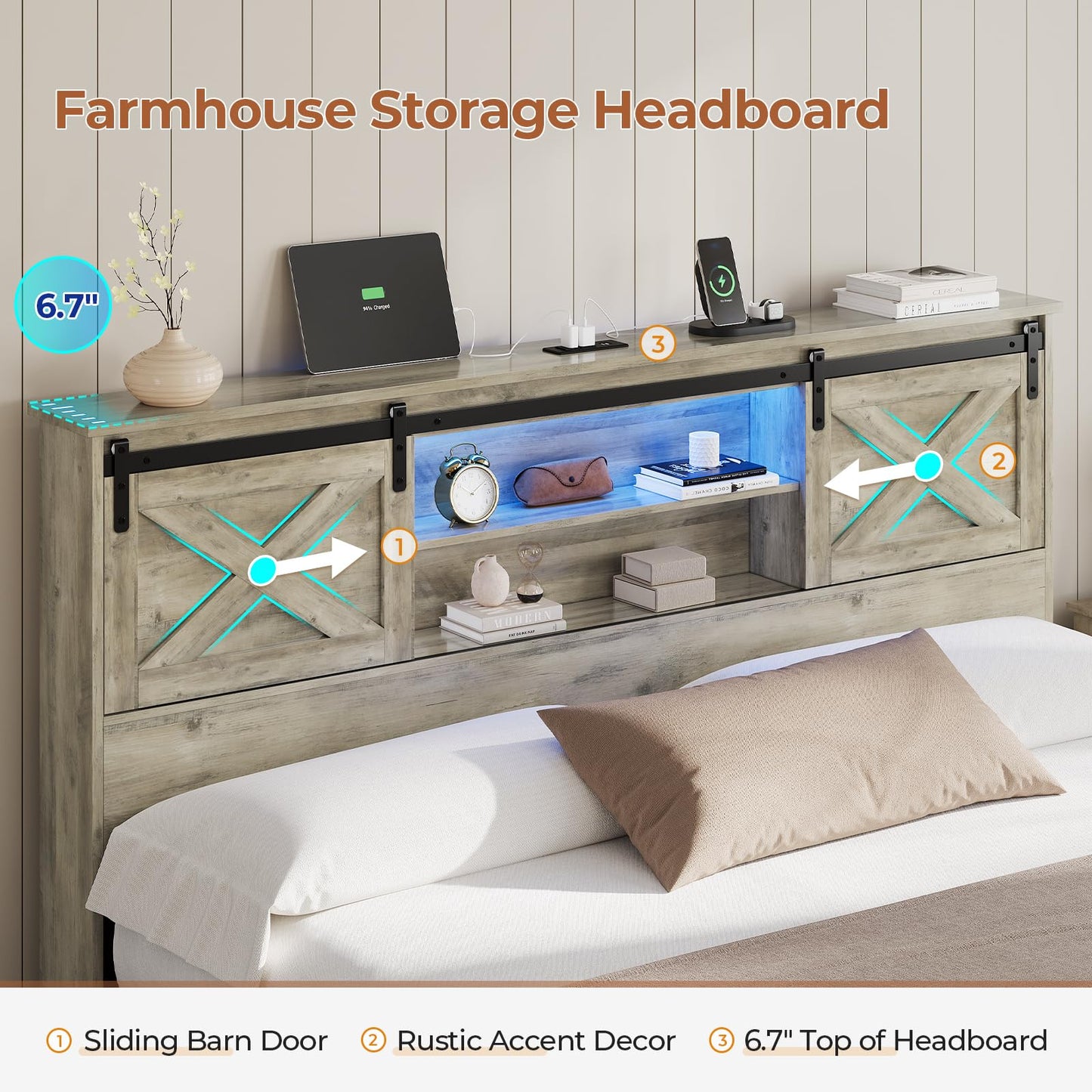 Hasuit Farmhouse Bed Frame California King Size with 4 Storage Drawers, Wooden Platform Cal King Beds with Charging Station and LED Lights, Rustic Bed with Storage Headboard and Sliding Barn Door