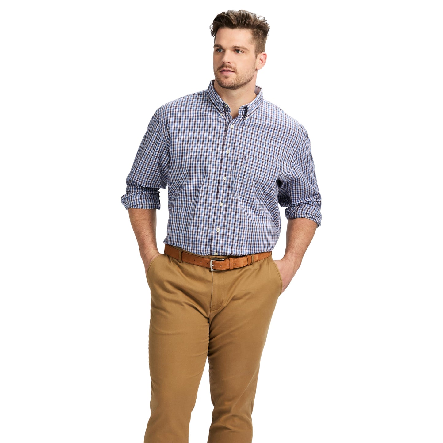 IZOD Men's Big and Tall Performance Comfort Long Sleeve Gingham Button Down Shirt, Plum Perfect Multi Check