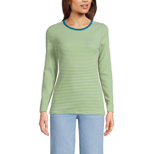 Lands' End Womens Long Sleeve Micro Rib Crew Ice Blue/pear Tiny Stripe Tall Large