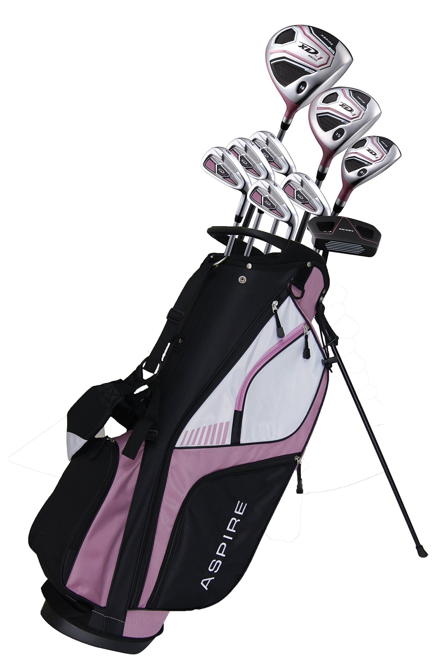 Aspire XD1 Womens Golf Clubs Full Set, Includes Driver, Fairway, Hybrid, 6-PW Irons, Putter, Stand Bag, 3 H/C's, Ultra-Light Graphite Shafts, Golf Clubs Women Right Handed, Comes in 3 Sizes, Pink