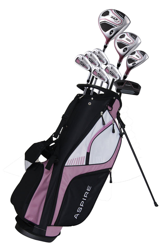 Aspire XD1 Womens Golf Clubs Full Set, Includes Driver, Fairway, Hybrid, 6-PW Irons, Putter, Stand Bag, 3 H/C's, Ultra-Light Graphite Shafts, Golf Clubs Women Right Handed, Comes in 3 Sizes, Pink