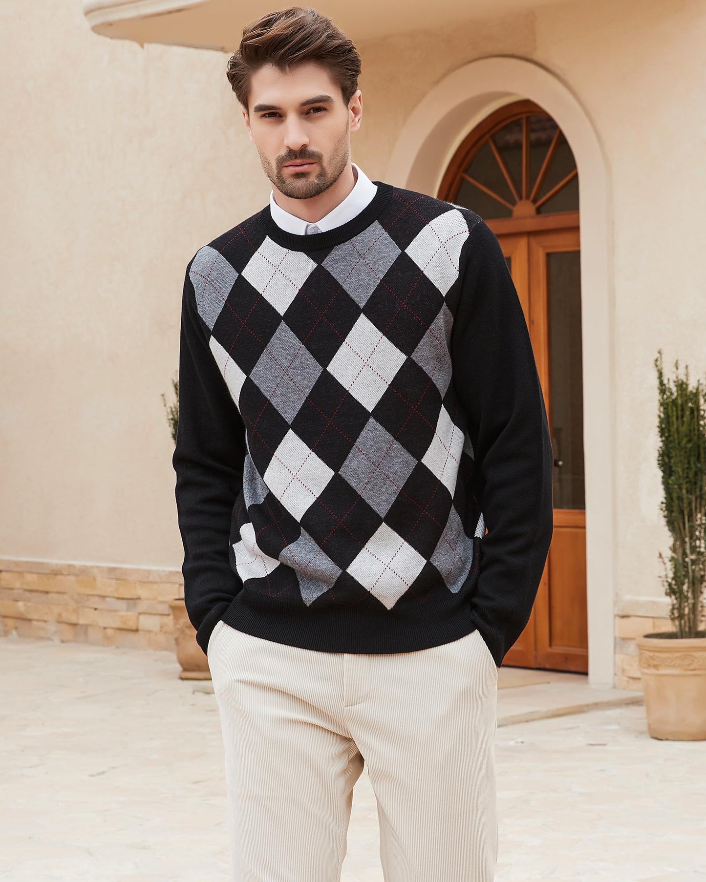 Kallspin Men's Wool Blend Crewneck Sweater Argyle Long Sleeve Pullover Sweater for Casual Or Dressy Wear(Black,L-Tall)
