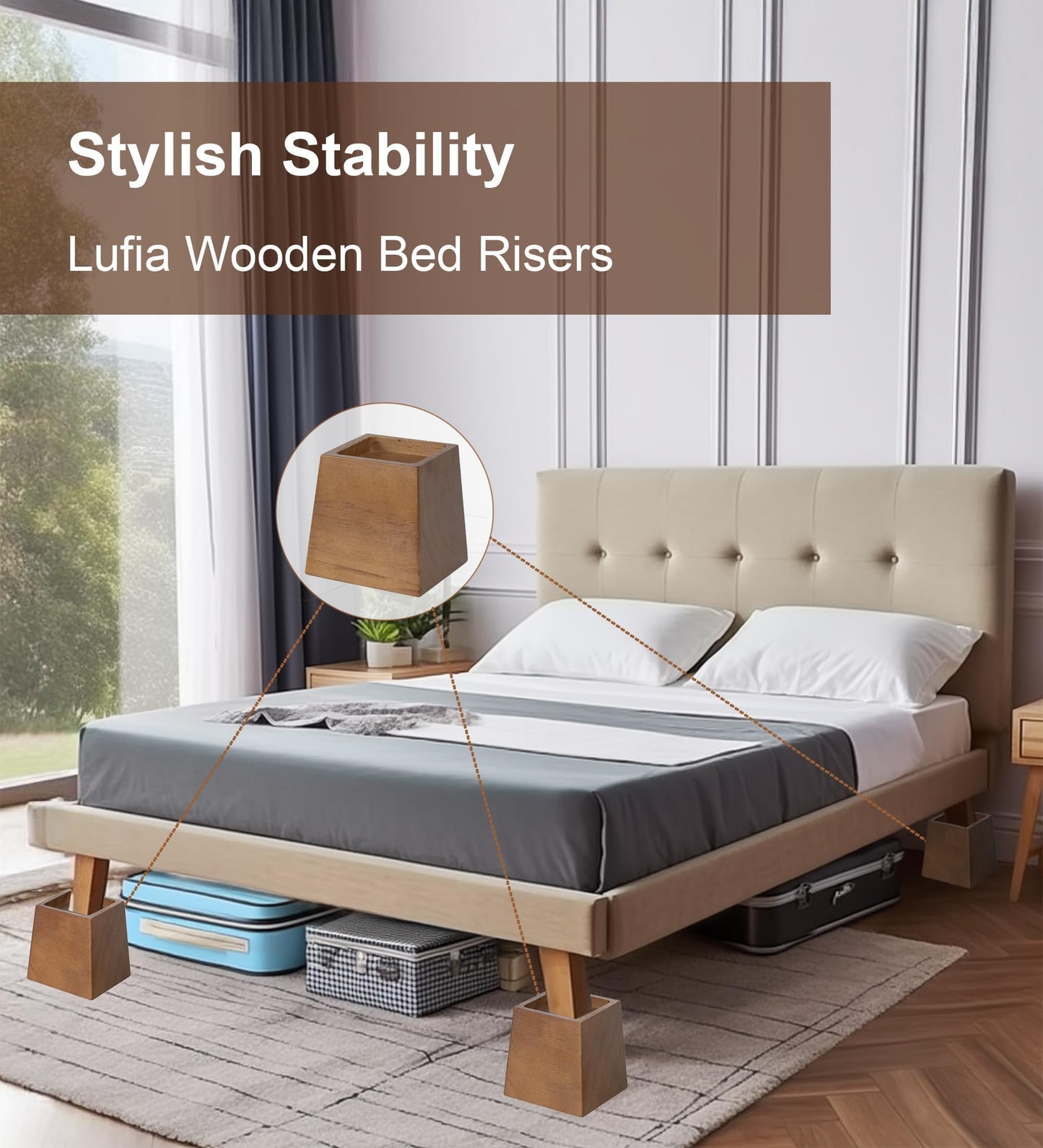 Lufia Wood Bed Risers 4 Inch, Premium Pine Furniture Risers - Sturdy, Stylish and Space Saving 4" Bed Lift for Sofa, Desk and More - 4-Pack (Brown Wood, 4 Inch)