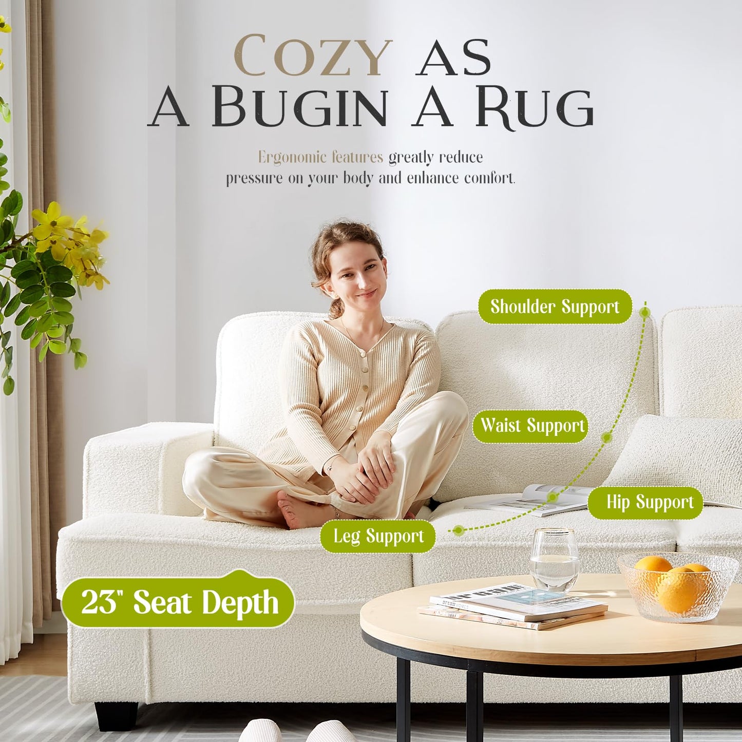 Couches for Living Room, 85” Cloud Couch in Soft Teddy Fleece, Removable Cover, Easy Assembly, Modern Sofa for Living Room/Bedroom/Office/Apartment, Beige