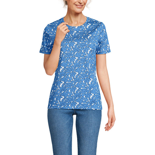 Lands' End Womens Short Sleeve Relaxed Supima Cotton Crew Neck T Shirt Paradise Blue Tossed Floral Tall Medium