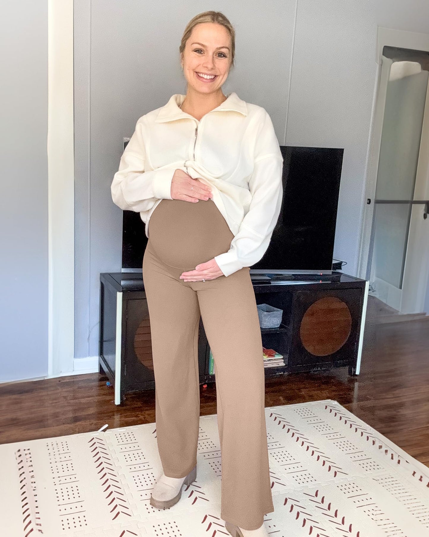 G4Free Maternity Clothes Wide Leg Yoga Pants Over The Belly Business Casual Pregnancy Dress Trousers for Lounge Work(Toffee,XS,32")