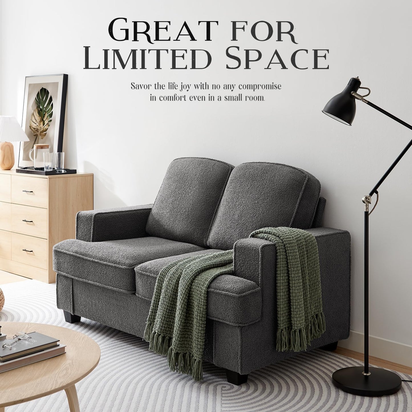 Couches for Living Room, 61” Cloud Couch in Soft Teddy Fleece, Removable Cover, Easy Assembly, Modern Sofa for Living Room/Bedroom/Office/Apartment, Dark-Gray