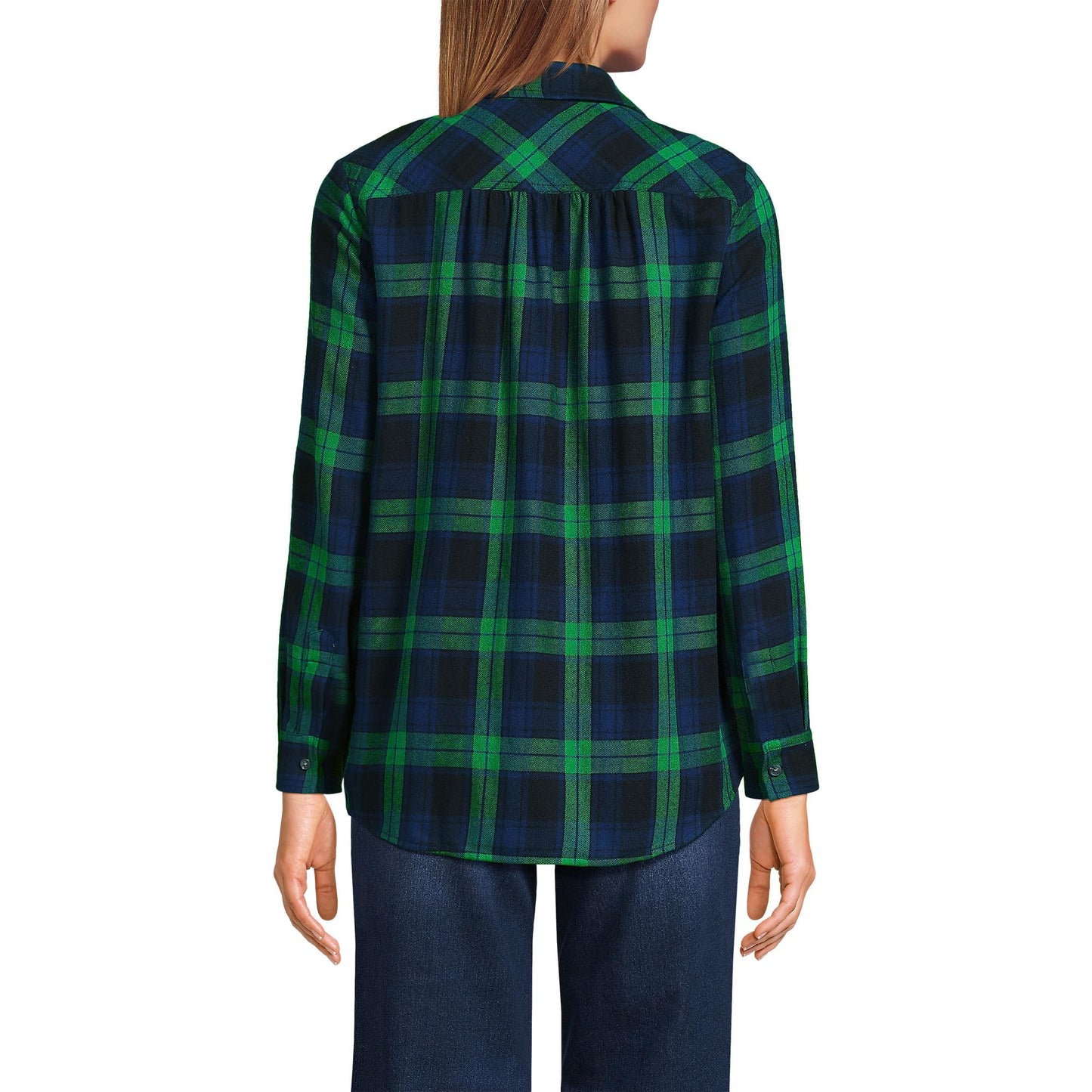 Lands' End Womens Flannel Boyfriend Long Sleeve Shirt Rich Clover/Navy Plaid Tall Large