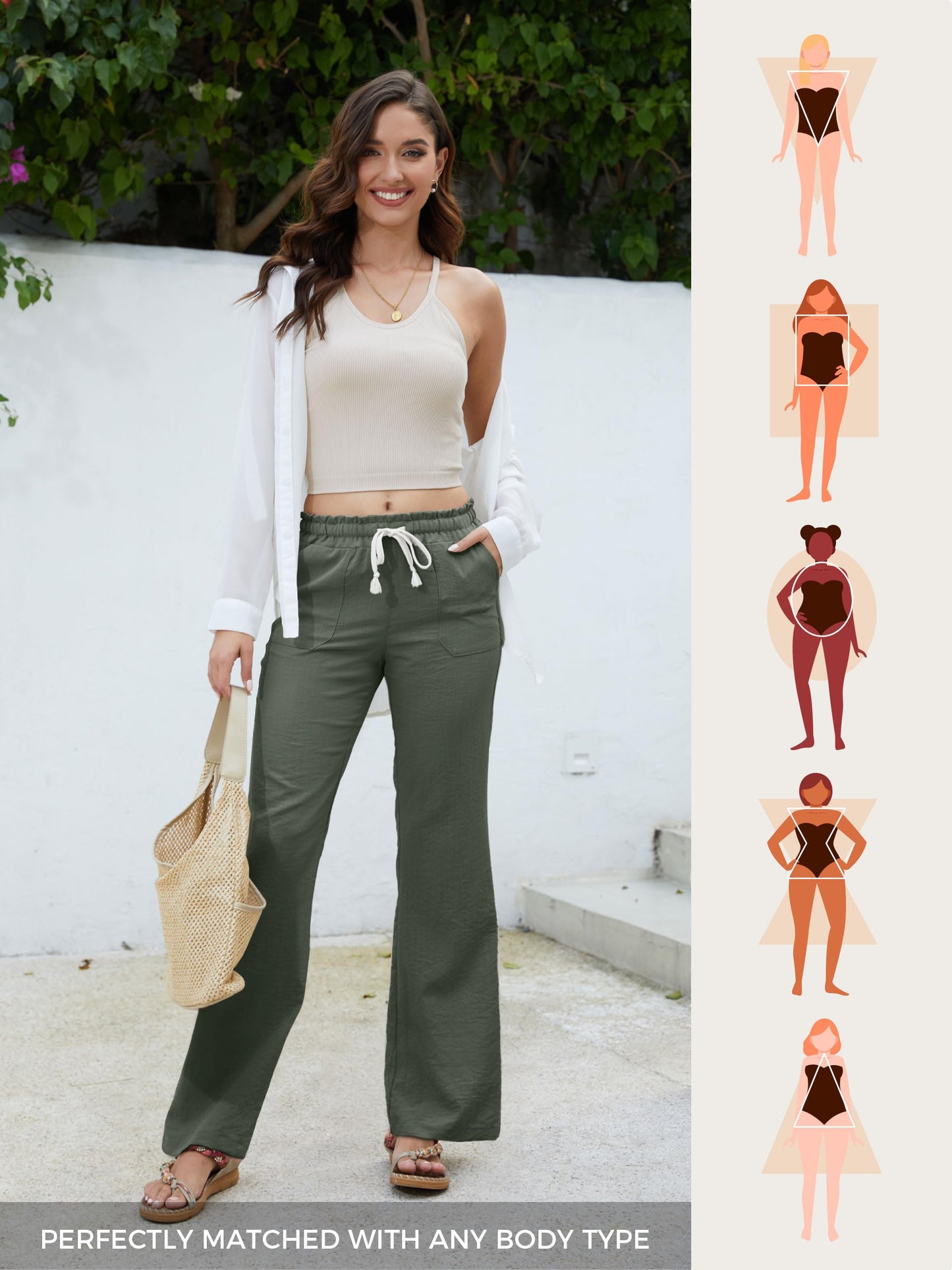 SEVEGO Women's Casual Linen Pants Extra Tall 36" Inseam Flared Leg Smocked Waist Beach Summer Slacks, Green, XX-Large
