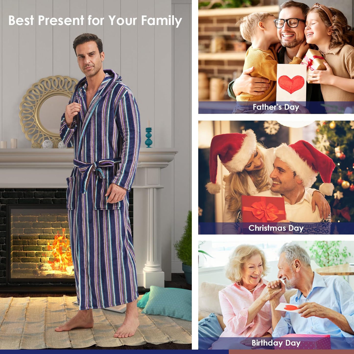 FashGudim mens big and tall robe long full length camo robe with hood for tall men warm plush house robes Fleece Bathrobes (Blue Stripe, S/M)