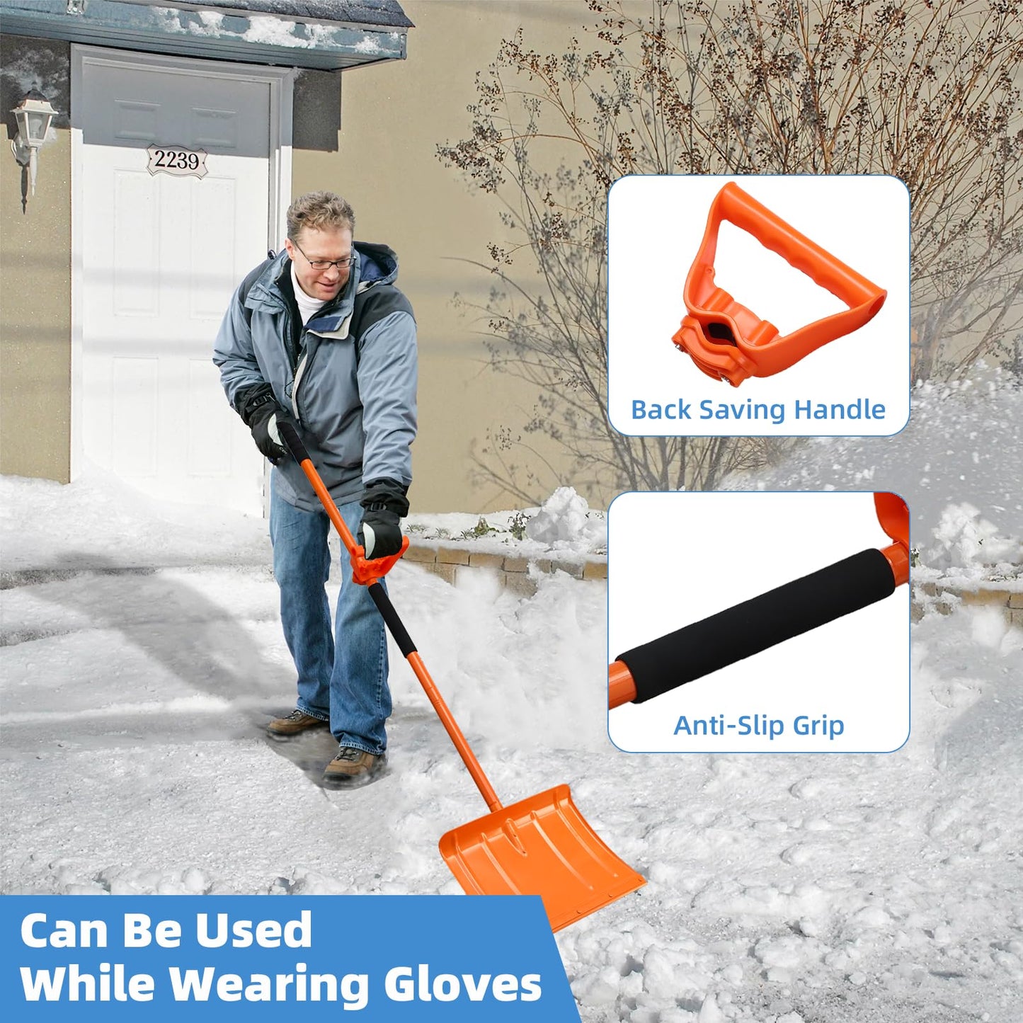 Snow Shovel for Driveway 67 Inch Shovel with Labor-Saving Tool Handle, Snow Removal with Large Scoop Snow Shovel for Car Outdoor Emergency, Orange