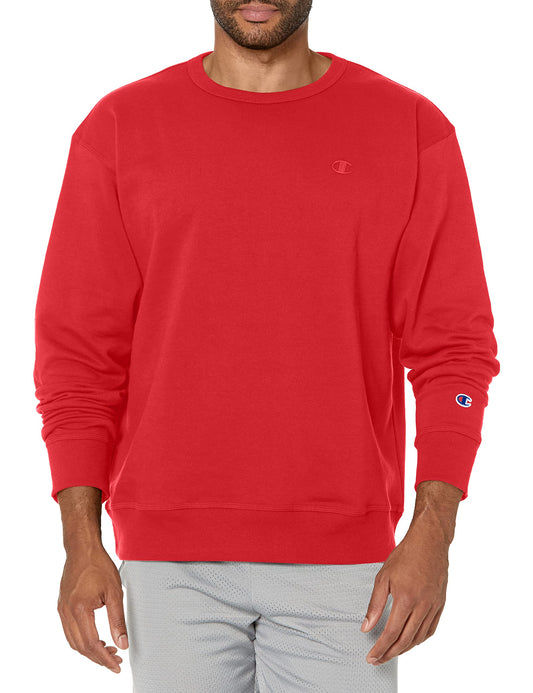 Champion Men's Crewneck Fleece Sweatshirt, Standard Fit, Midweight, Available in Regular and Big, Team Red Scarlet-C Logo, Large Tall