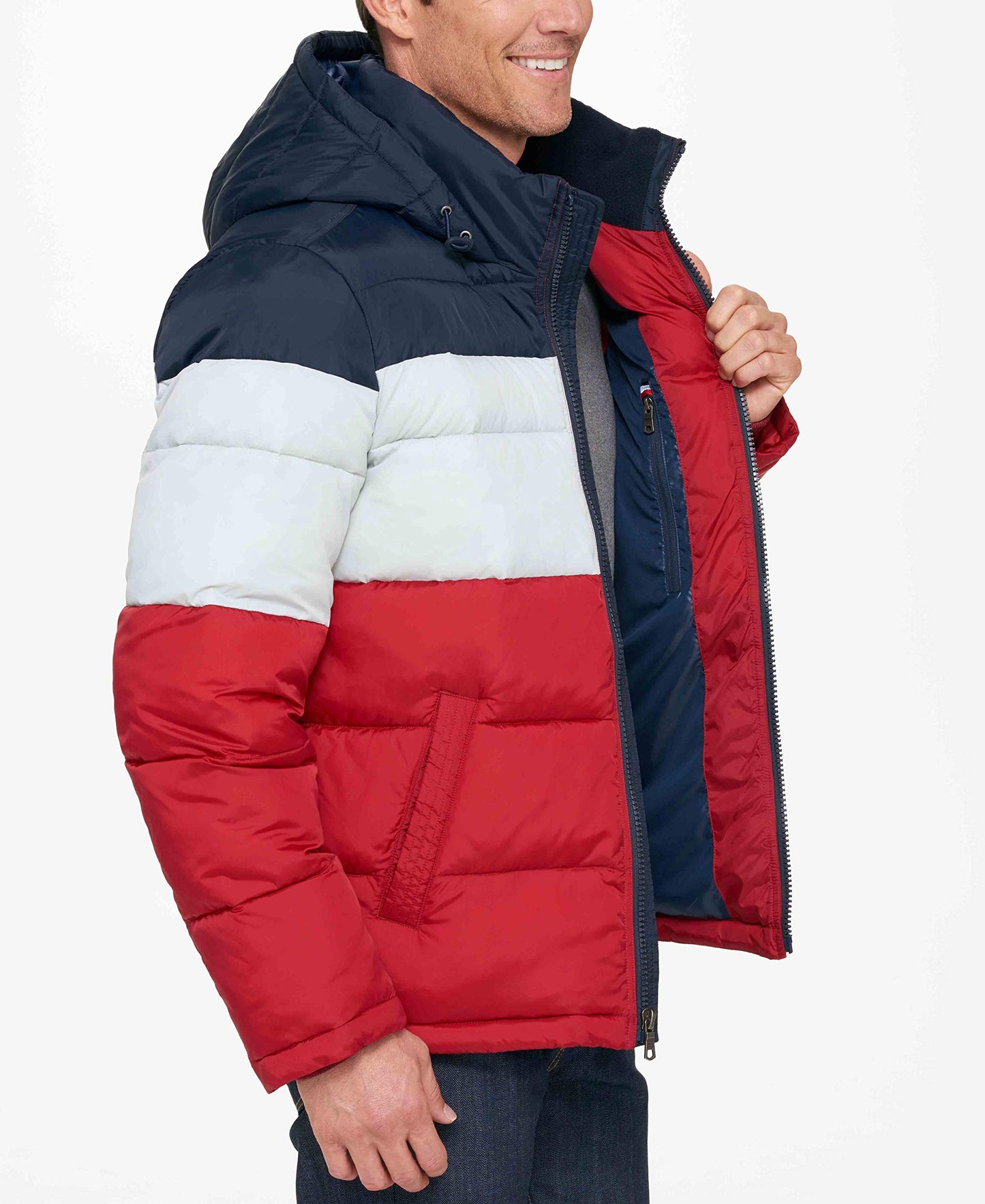 Tommy Hilfiger Men's Classic Hooded Puffer Jacket (Standard and Big & Tall), midnight/white/red, 4X-Large Tall