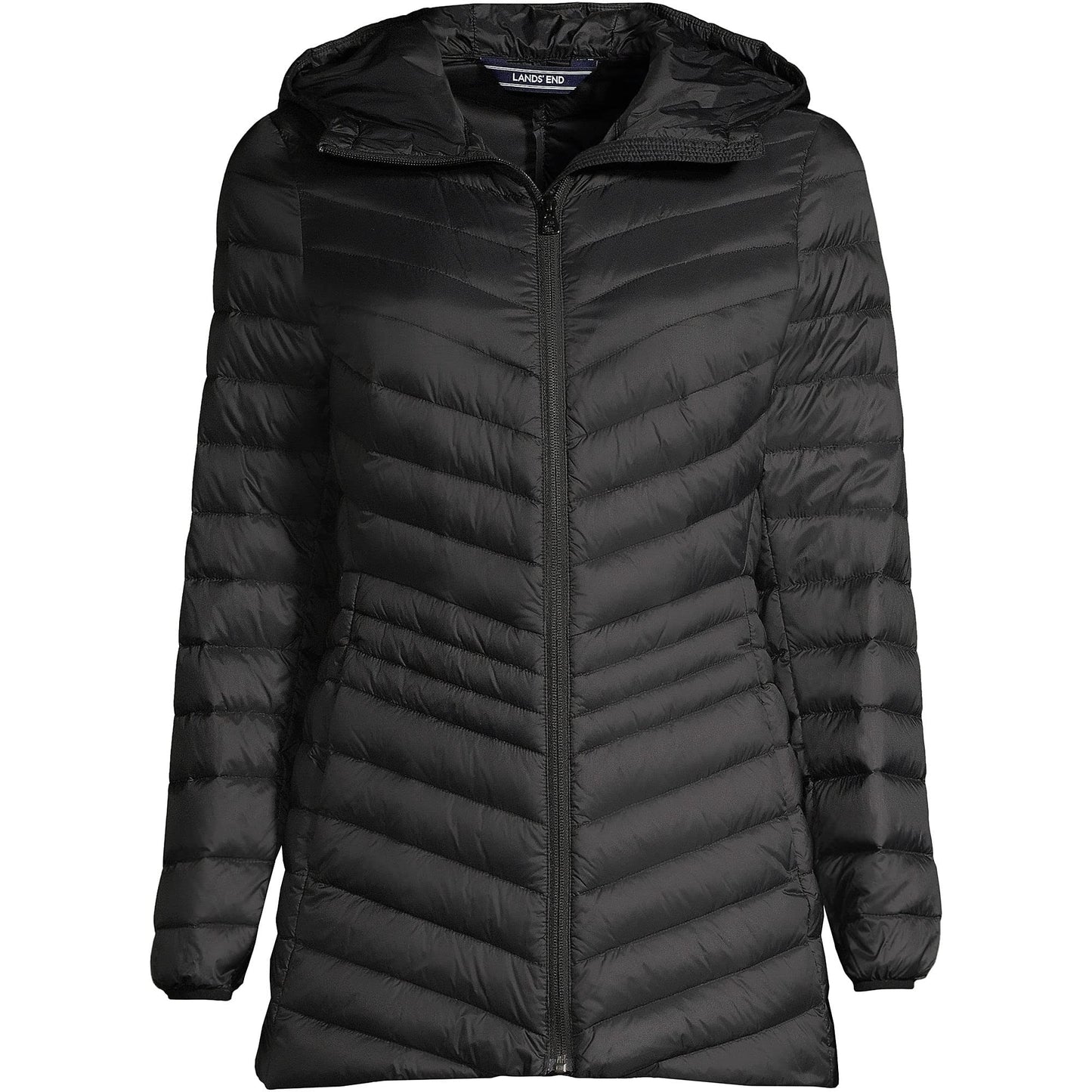 Lands' End Womens Packable Chevron Hooded Long Wanderweight Down Jacket Black Tall Large