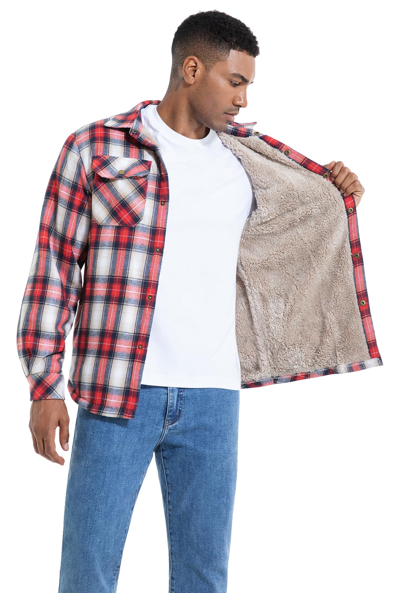 Puwasa Men's Flannel Jackets Sherpa Lined Side Pocket Shirt Jacket Plaid Button Up Camp Night Coat with Pocket Red X-Large Tall