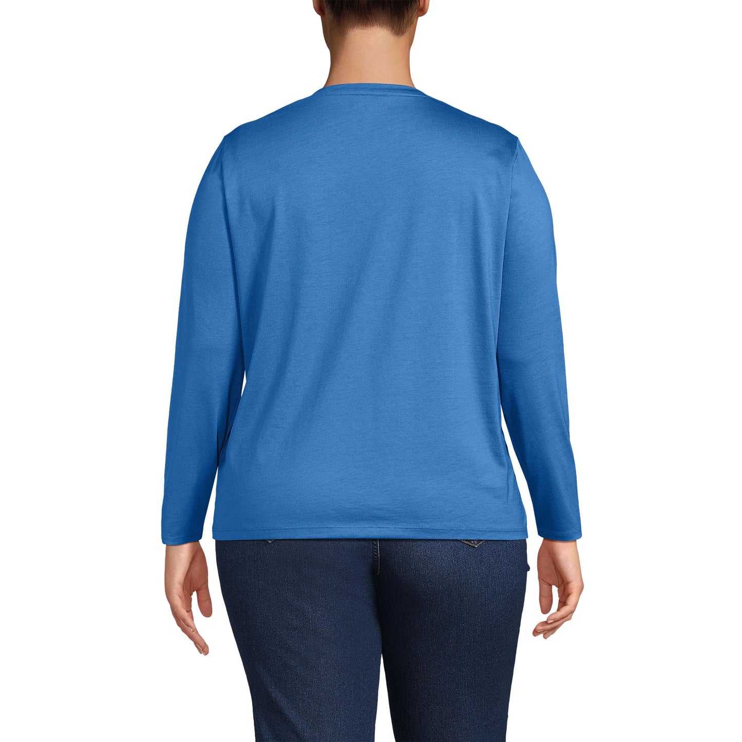 Lands' End Womens Long Sleeve Relaxed Supima Cotton Crew Neck T Shirt Muted Cobalt Blue Tall Large