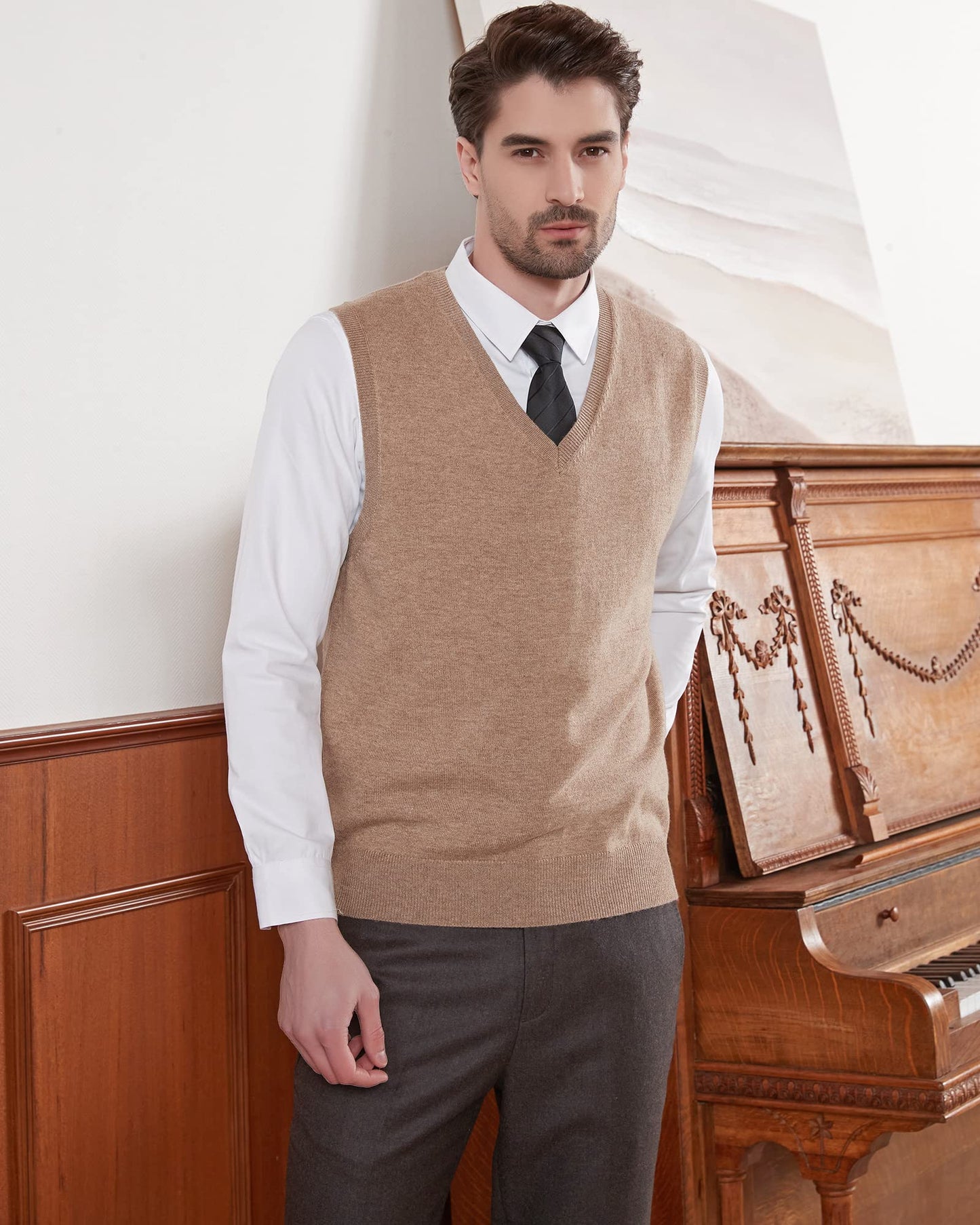 Kallspin Men's Big & Tall Wool Blended Vest Sweater Relaxed Fit V Neck Sleeveless Knitted Pullover (Coffee XL-Tall)