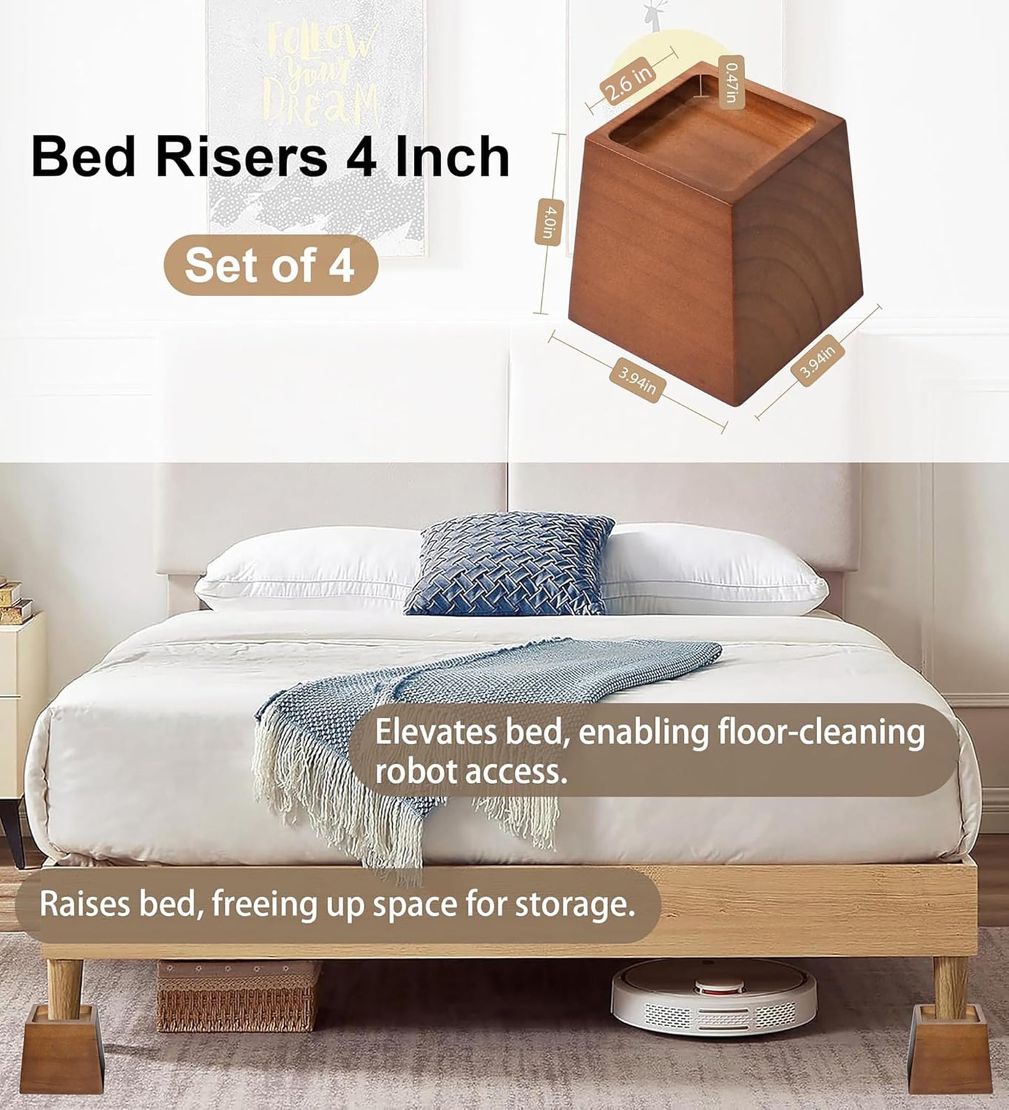 Lufia Wood Bed Risers 4 Inch, Premium Pine Furniture Risers - Sturdy, Stylish and Space Saving 4" Bed Lift for Sofa, Desk and More - 4-Pack (Brown Wood, 4 Inch)