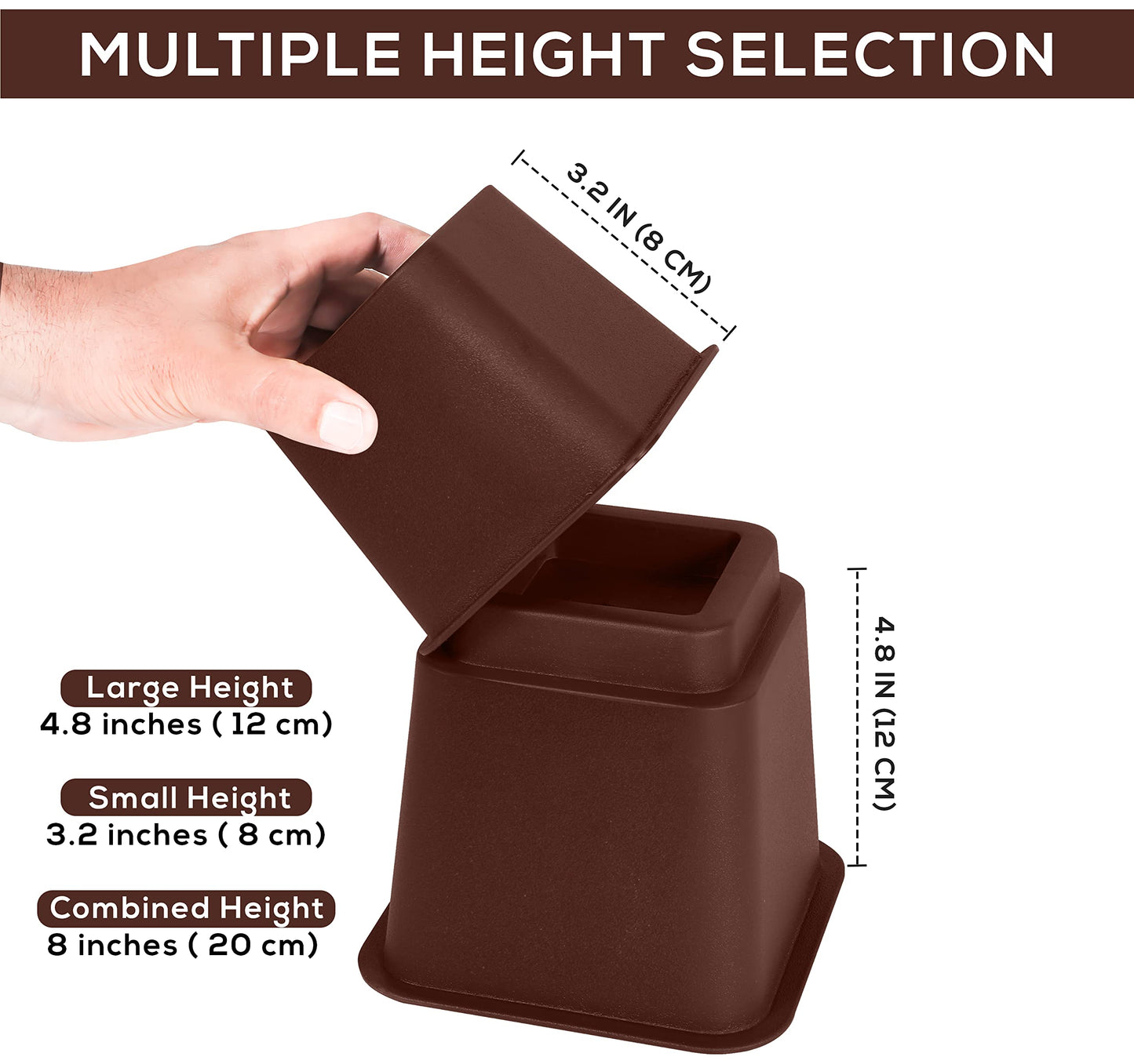 Utopia Bedding Adjustable Bed Furniture Risers - Elevation in Heights 3, 5 or 8 Inch Heavy Duty Risers for Beds - Supports up to 1,300 lbs - (Set of 4 Riser, Reddish Brown)