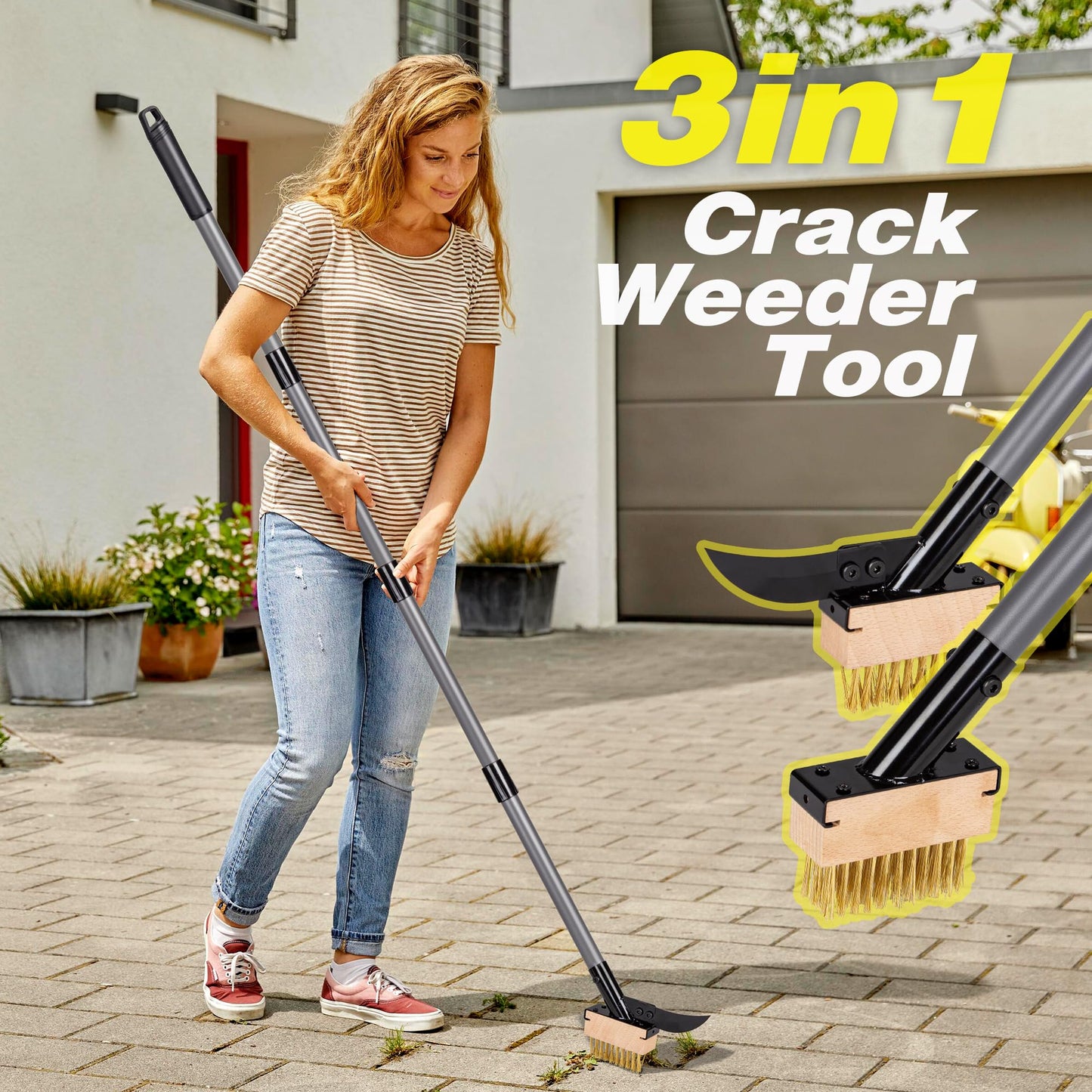 Walensee 3-in-1 Crack Weeder & Moss Remover Brush with 66.5-Inch Adjustable Handle, Weed Puller with 2 Replaceable Brush Heads and Scraper for Deck, Patio, Walkway, Driveway Crevice Cleaning Tool