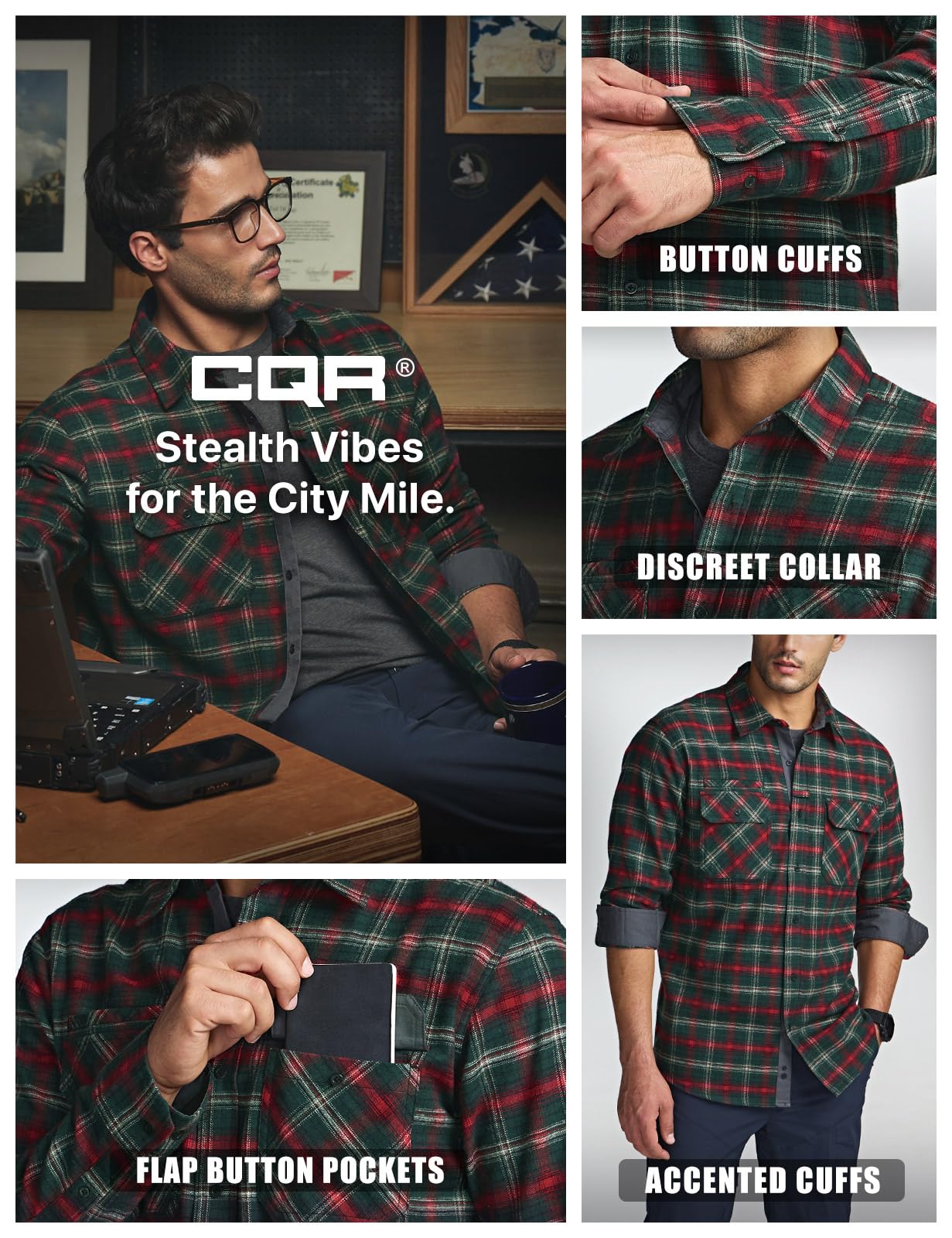 CQR Men's Flannel Button Down Shirts, Soft Cotton Plaid Long Sleeve Tactical Work Shirt, Warm Outdoor Essential with Pocket, Stealth Holiday Mood, X-Large Tall