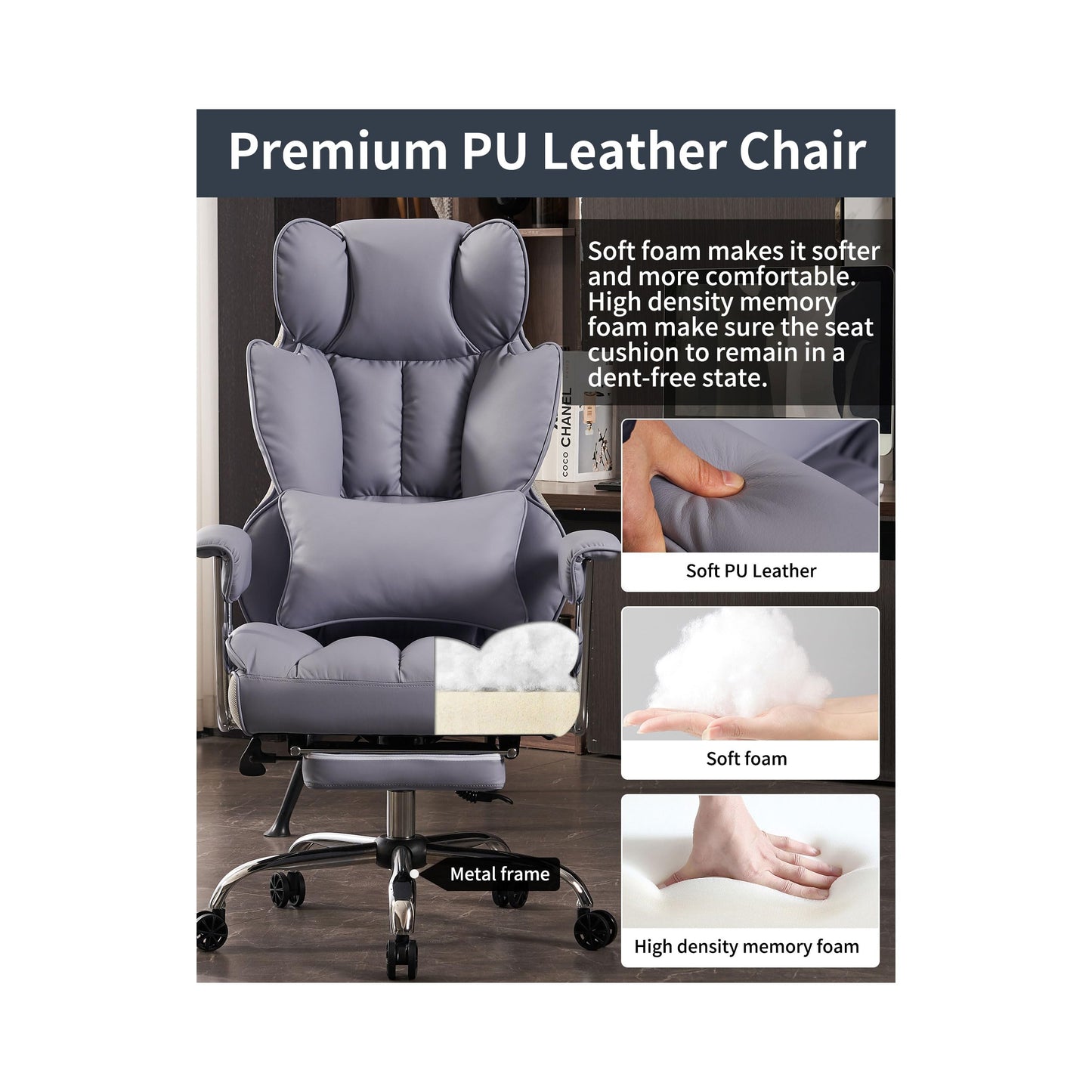 Efomao Big and Tall Office Chair 400LBS, Heavy Duty Executive Office Chair with Foot Rest, Home Office Desk Chairs, Purple Big Tall Computer Chairs