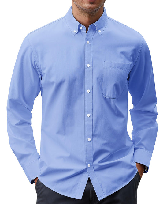 J.VER Men's Oxford Shirt Long Sleeve Button Up Shirts Solid Casual Formal Shirts with Pocket Blue L-Tall