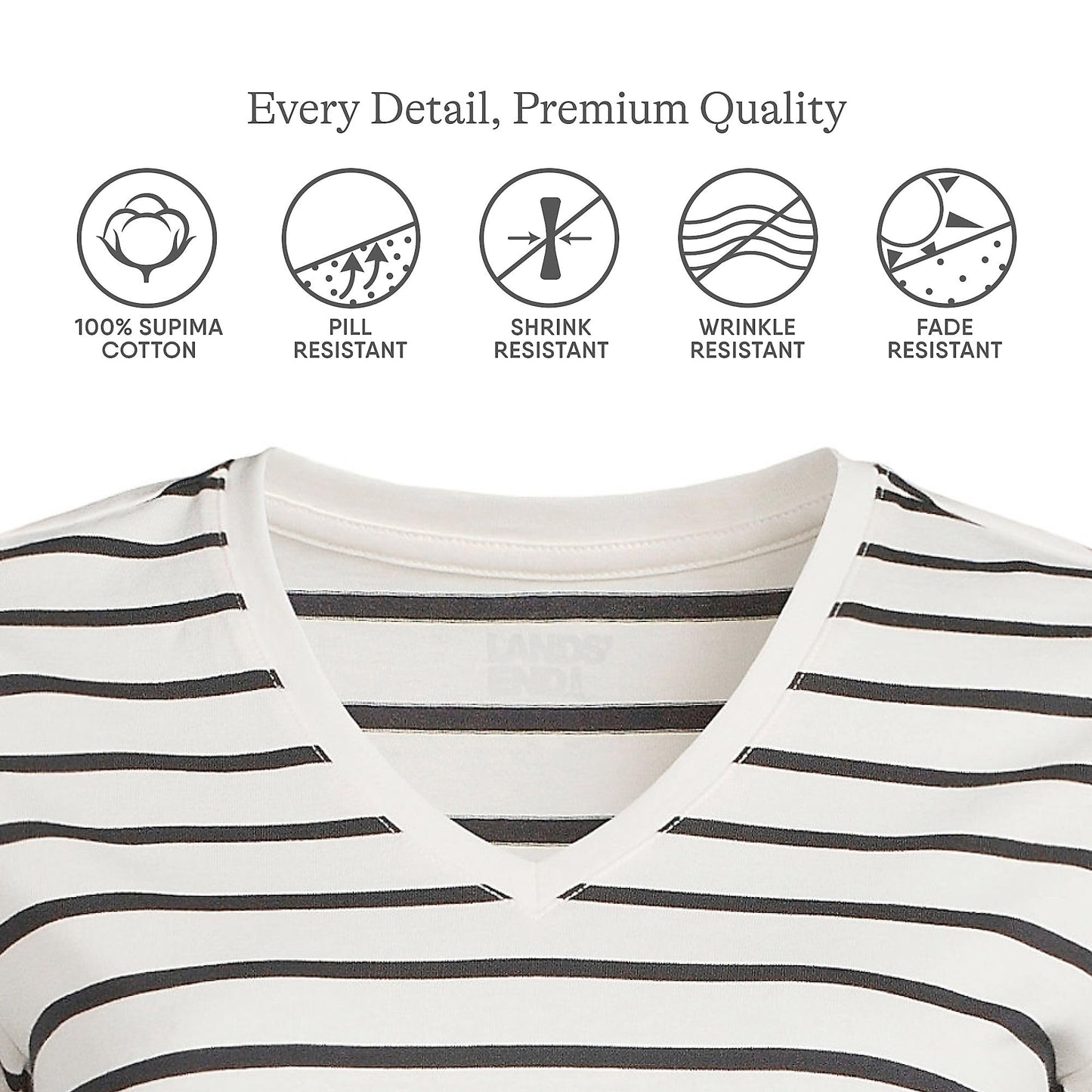 Lands' End Womens SS Relaxed Supima V Neck T Shirt Ivory/Black Breton Stripe Tall Small