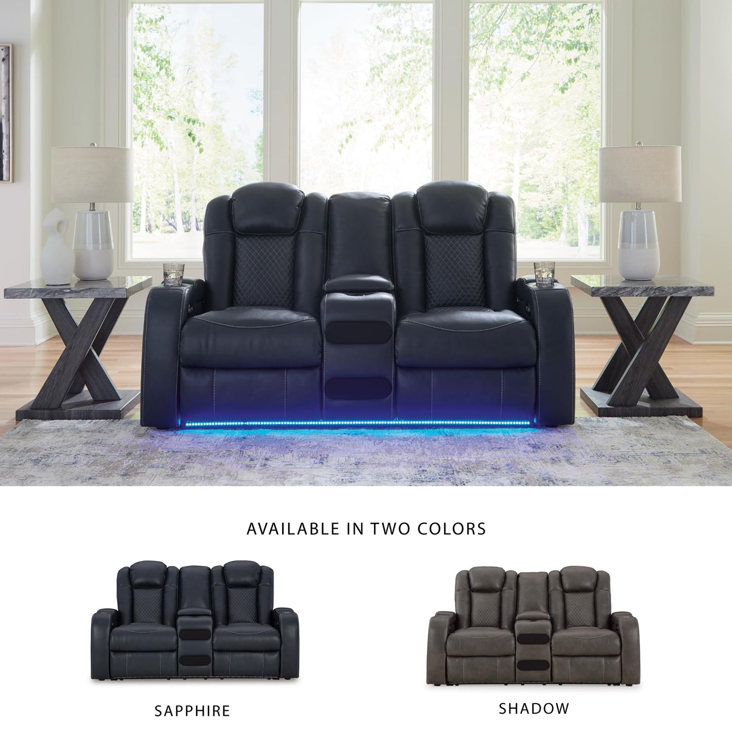 Signature Design by Ashley Fyne-Dyme Contemporary Power Reclining Loveseat with Console, USB Charging Ports and Adjustable Headrest, Blue