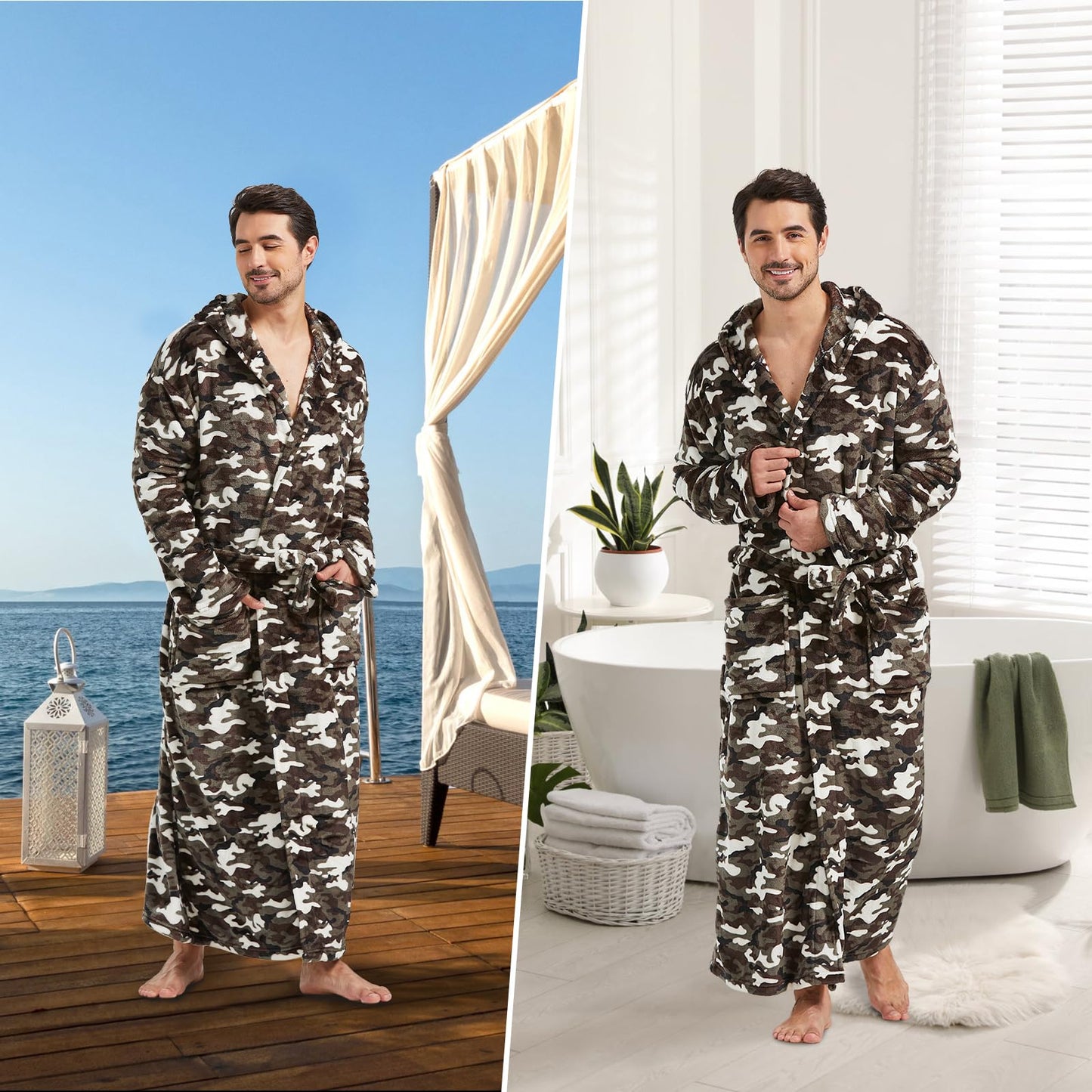 FashGudim mens big and tall robe long full length camo robe with hood for tall men warm plush house robes Fleece Bathrobes (Camouflage, S/M)