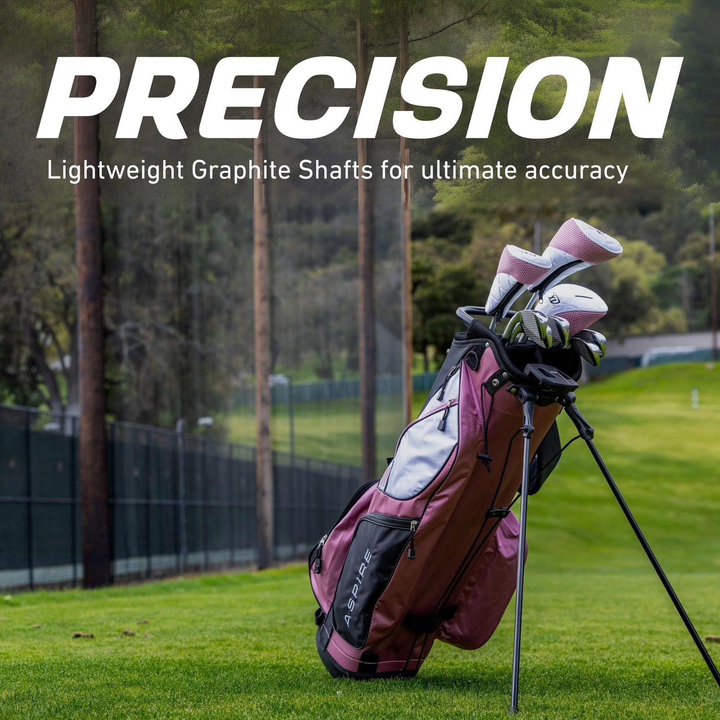 Aspire XD1 Womens Golf Clubs Full Set, Includes Driver, Fairway, Hybrid, 6-PW Irons, Putter, Stand Bag, 3 H/C's, Ultra-Light Graphite Shafts, Golf Clubs Women Right Handed, Comes in 3 Sizes, Pink