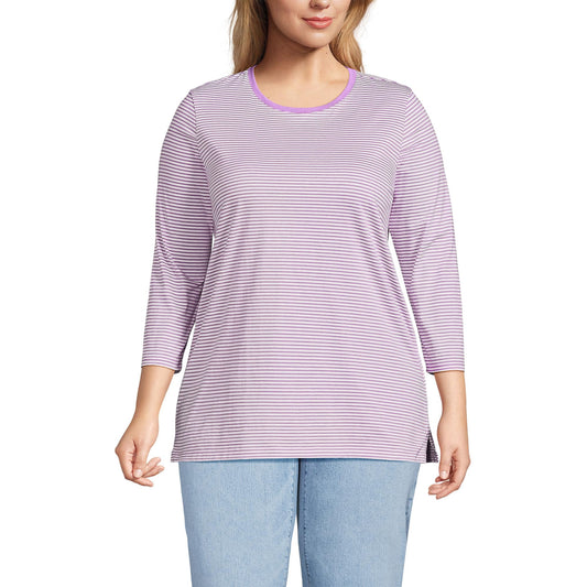Lands' End Womens 3Q Cotton Supima Crew Neck Tunic Soft Orchid Micro Stripe Tall Large