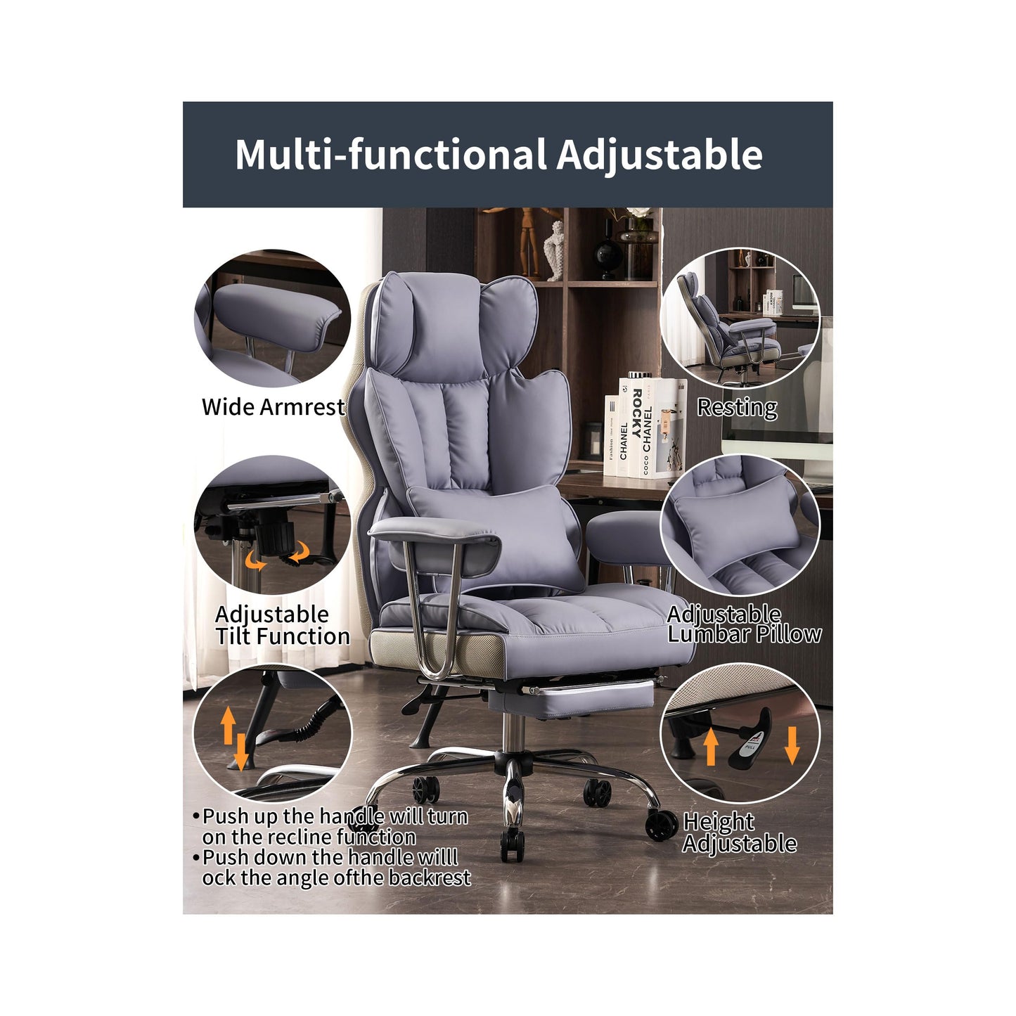 Efomao Big and Tall Office Chair 400LBS, Heavy Duty Executive Office Chair with Foot Rest, Home Office Desk Chairs, Purple Big Tall Computer Chairs