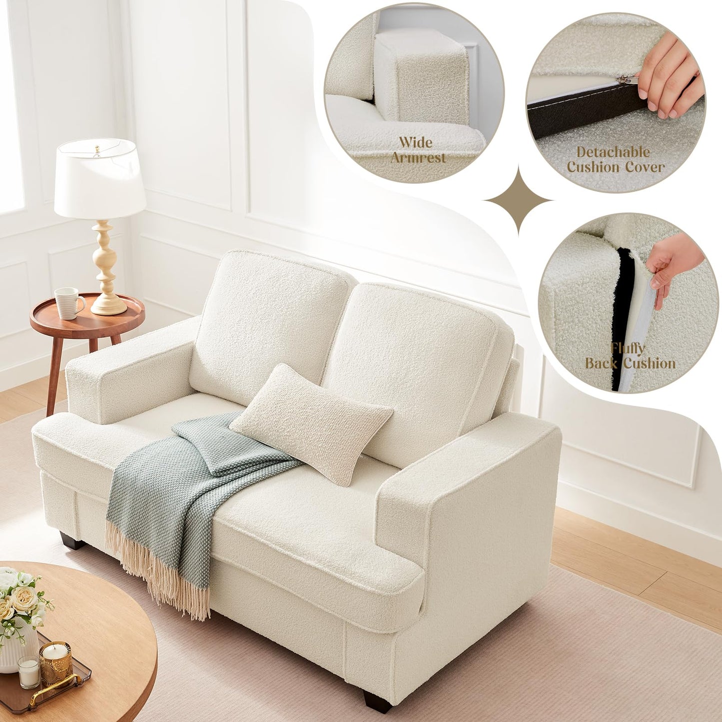 Couches for Living Room, 61” Cloud Couch in Soft Teddy Fleece, Removable Cover, Easy Assembly, Modern Sofa for Living Room/Bedroom/Office/Apartment, Beige