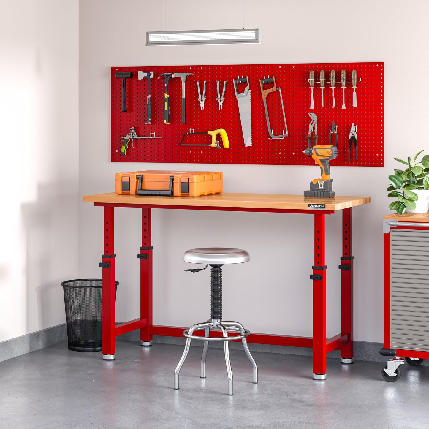 Seville Classics UltraHD Heavy Duty Workbench Table w/Solid Wood Top, 1000 lbs. Weight Capacity Workstation for Garage, Warehouse, Workshop, Red, 60" W x 24" D x 28.5" to 42" H Desktop