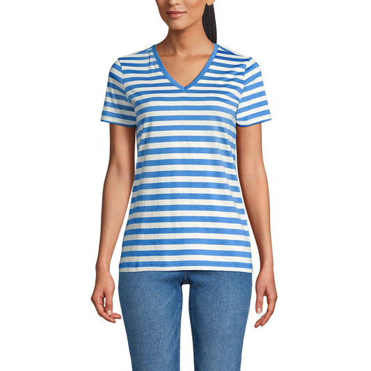 Lands' End Womens SS Relaxed Supima V Neck T Shirt Muted Cobalt Even Stripe Tall Large