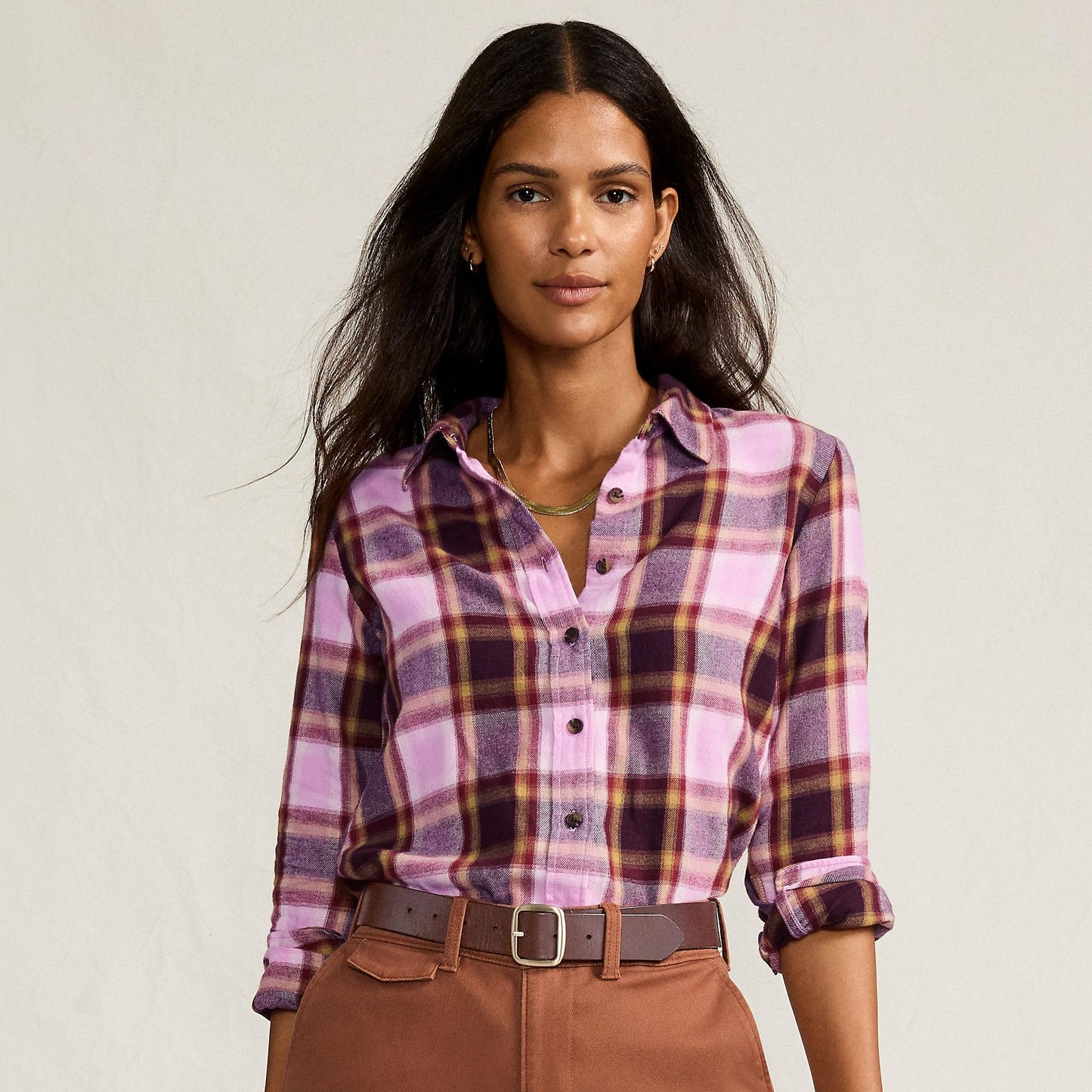 Lands' End Womens Flannel Boyfriend Long Sleeve Shirt Pink Vintage Plaid Tall Large