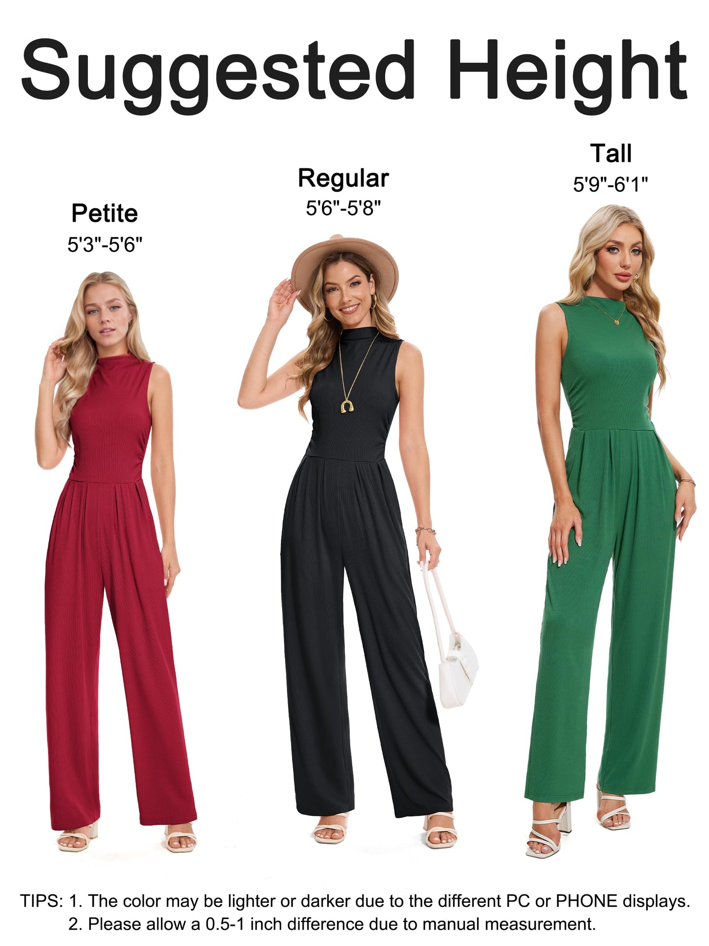 Tapata Women's Jumpsuits Dressy Casual One Piece Outfits Sleeveless Rompers Wide Leg Pants with Pockets, Tall, Black, Large