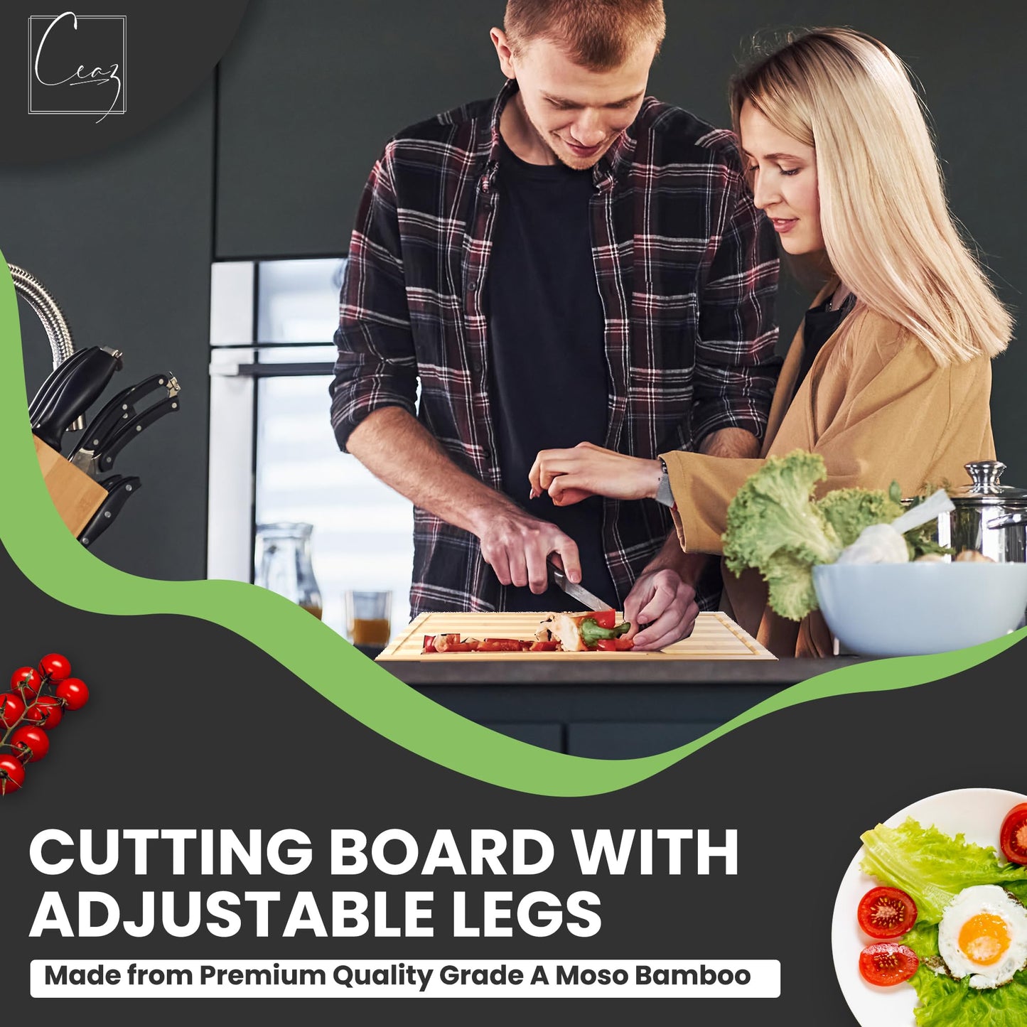 Bamboo Cutting Board with Adjustable Legs - Butcher Block with Juice Grooves